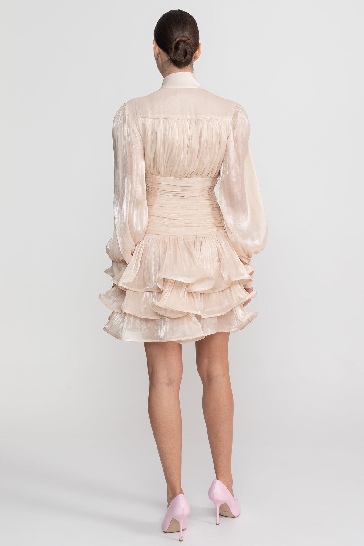 Stand Collar Balloon Sleeve Mini Dress with Tiered Ruffle Skirt – Champagne – view 11