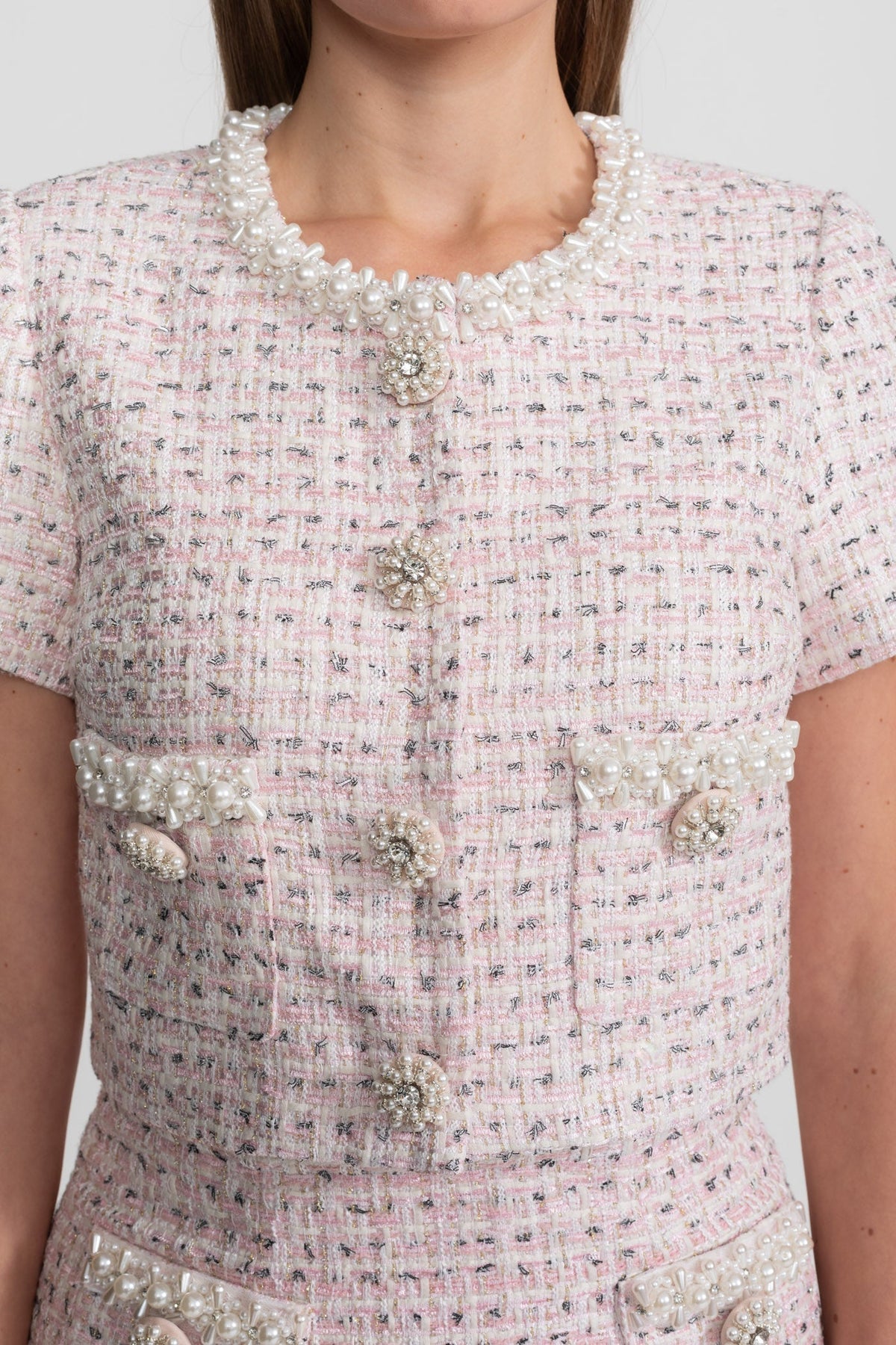 Cropped Short Sleeve Jacket with Pearl Trim and Jewelled Buttons – Pink – view 5