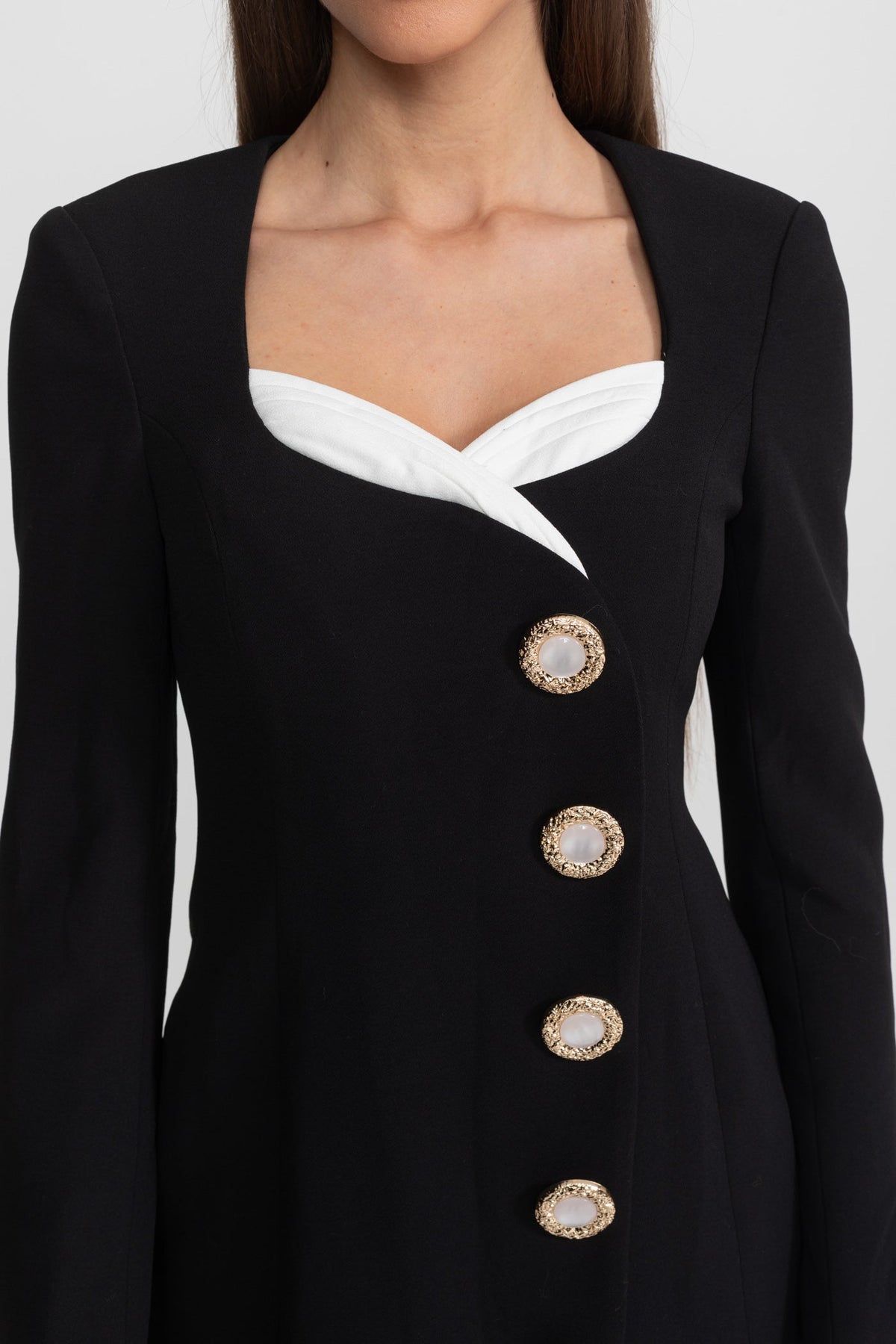 Long Sleeve Square Neck Tailored Mini Dress with Contrast Bust – Black – view 5