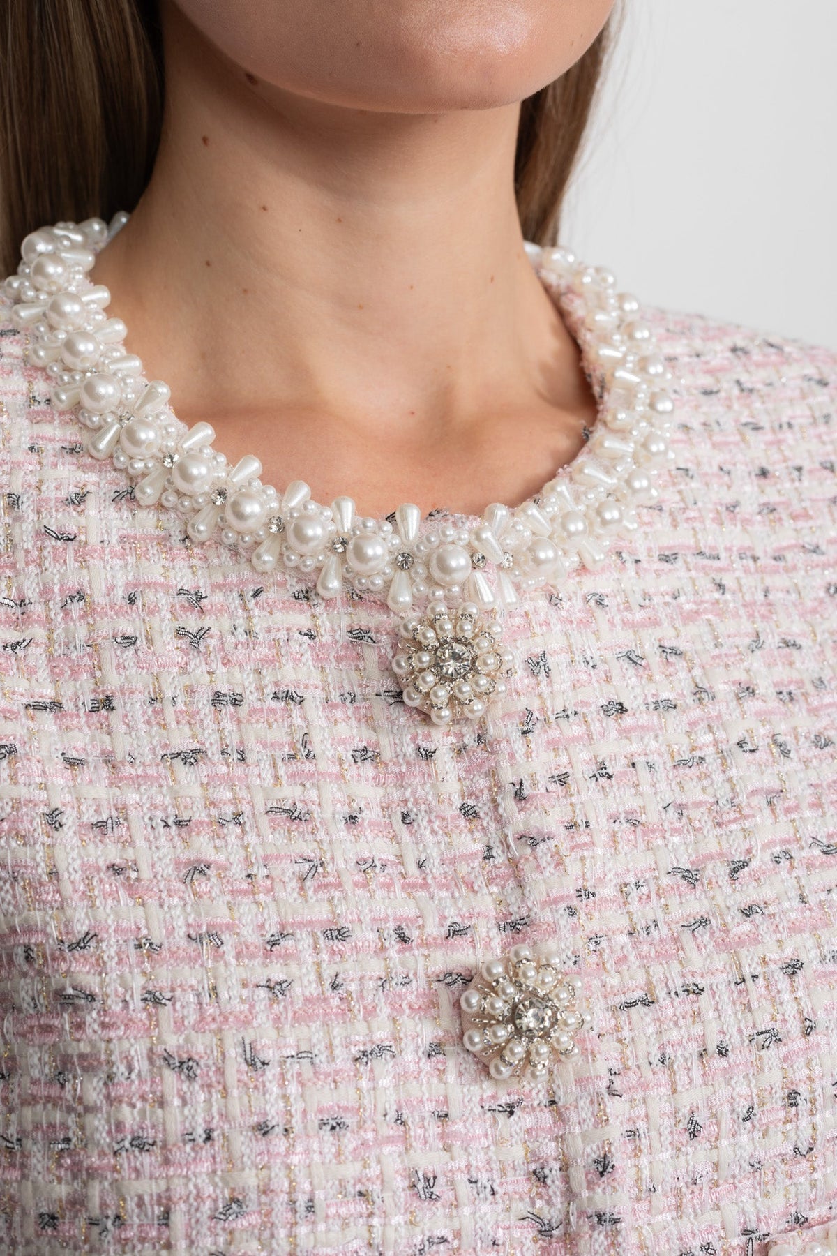 Cropped Short Sleeve Jacket with Pearl Trim and Jewelled Buttons – Pink – view 6