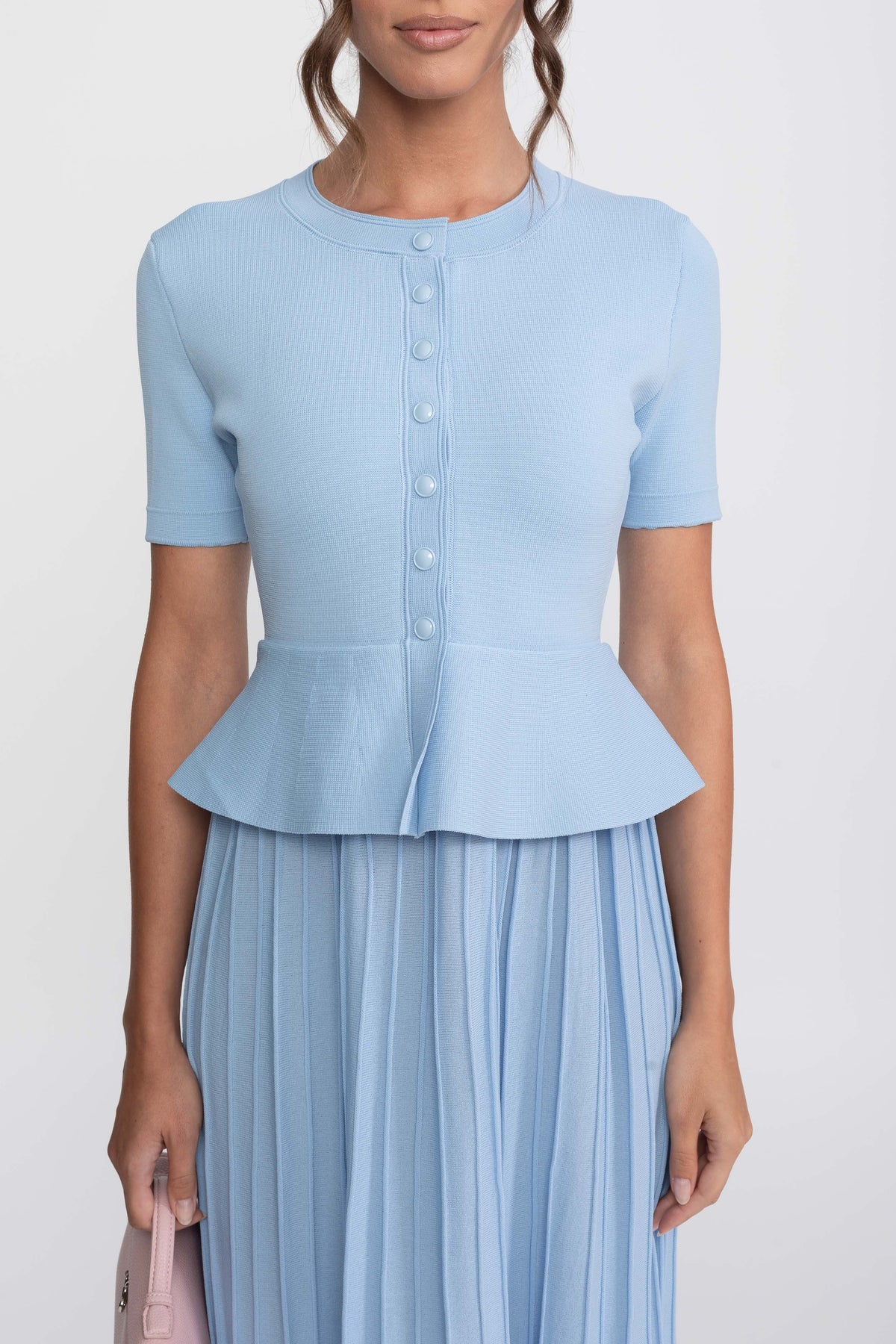 Short Sleeve Ribbed Knit Peplum Midi Dress with Button Front – Light Blue – view 6