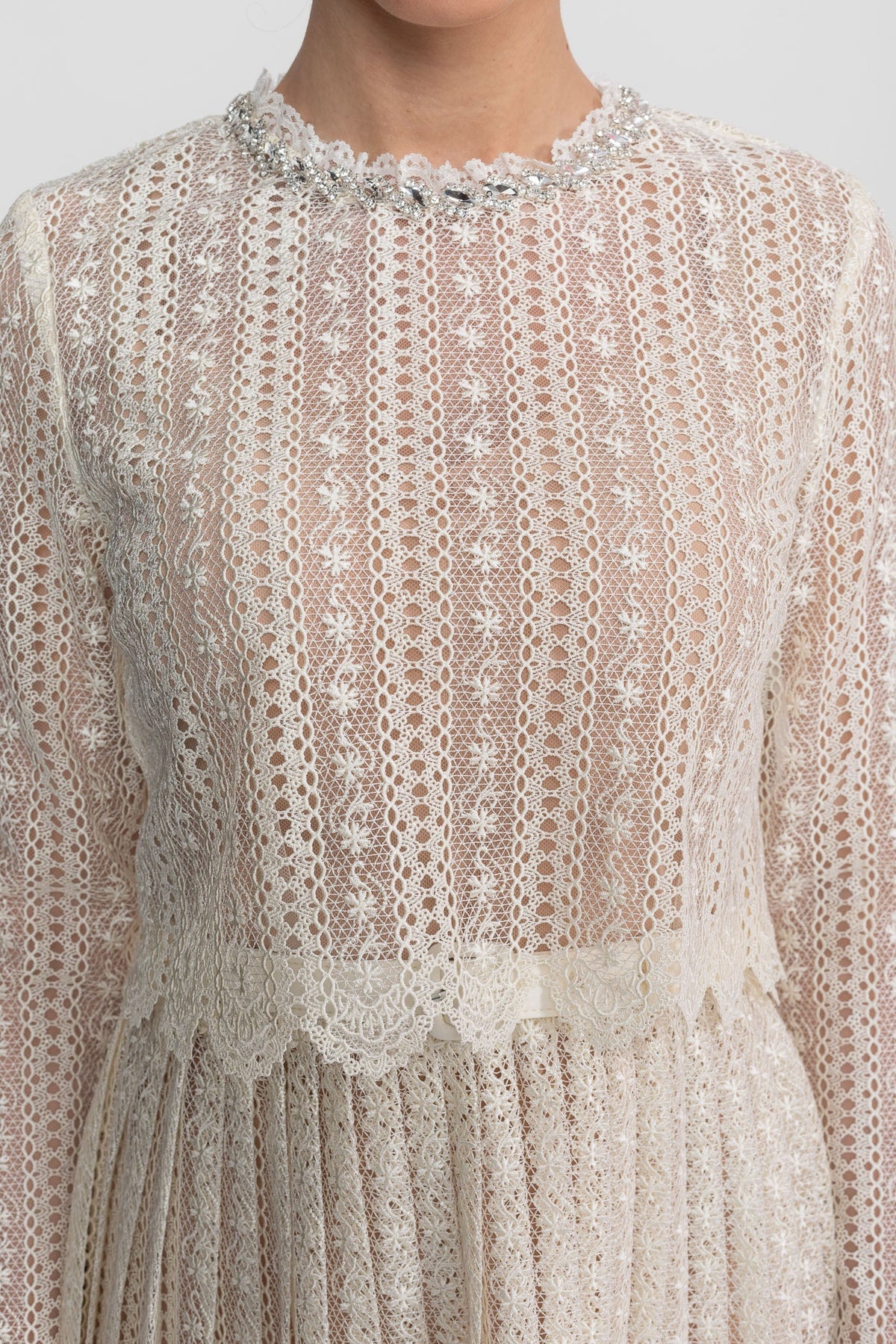 Lace High Neck Long Sleeve Mini Dress with Pleated Skirt – Ivory