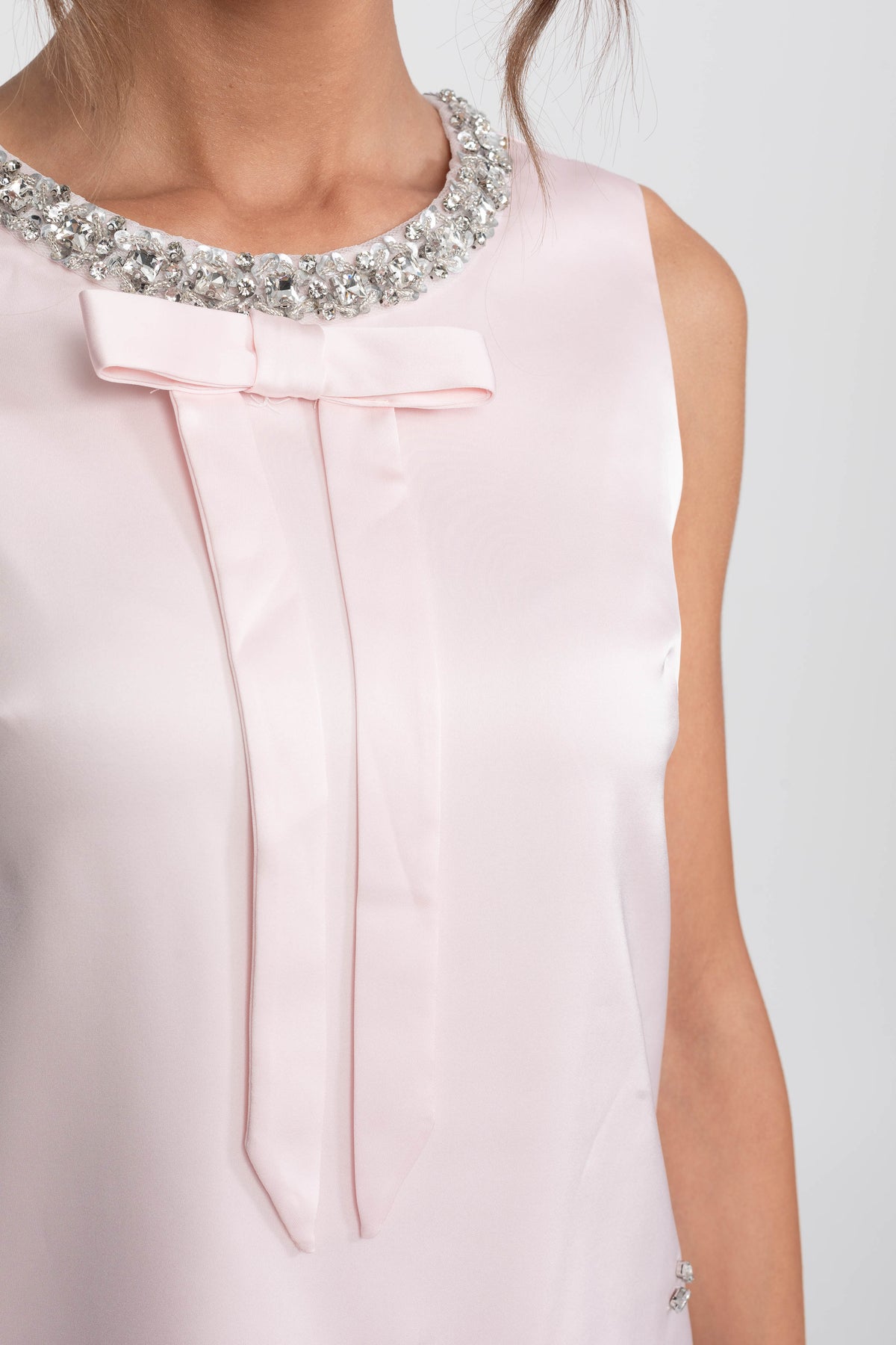 Satin Shift Mini Dress with Crystal Clusters and Bow – Pink – view 9