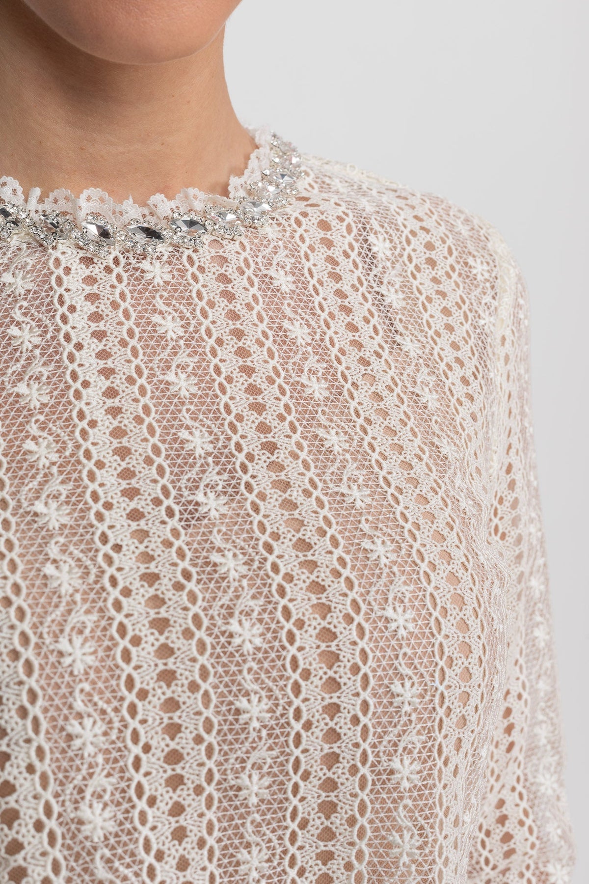 Lace High Neck Long Sleeve Mini Dress with Pleated Skirt – Ivory – view 6
