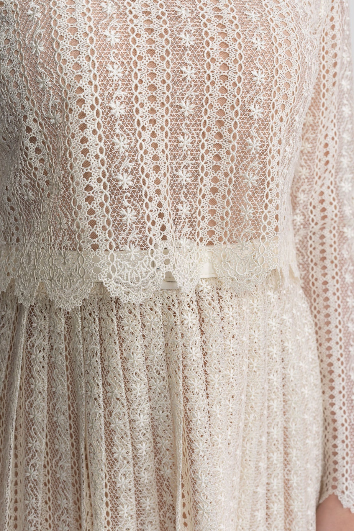Lace High Neck Long Sleeve Mini Dress with Pleated Skirt – Ivory