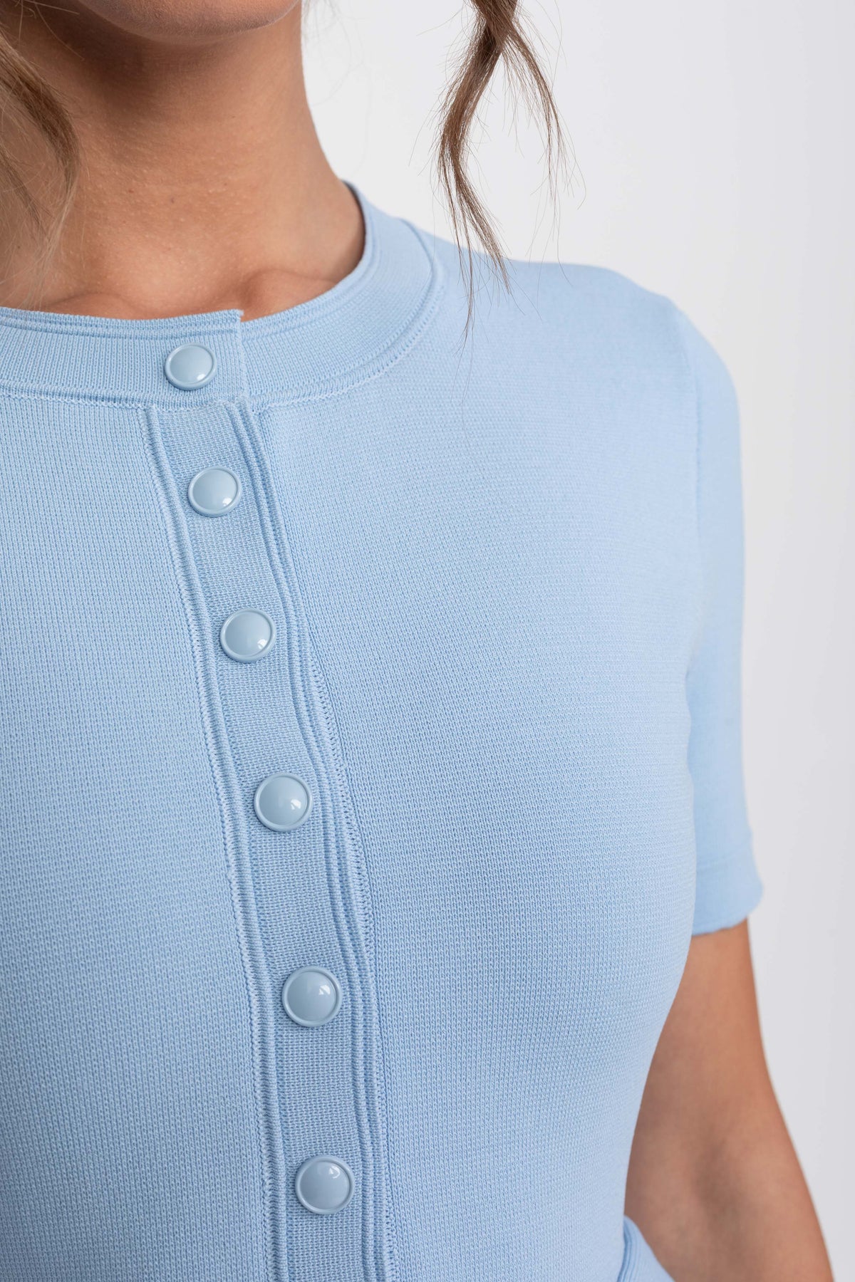 Short Sleeve Ribbed Knit Peplum Midi Dress with Button Front – Light Blue – view 5