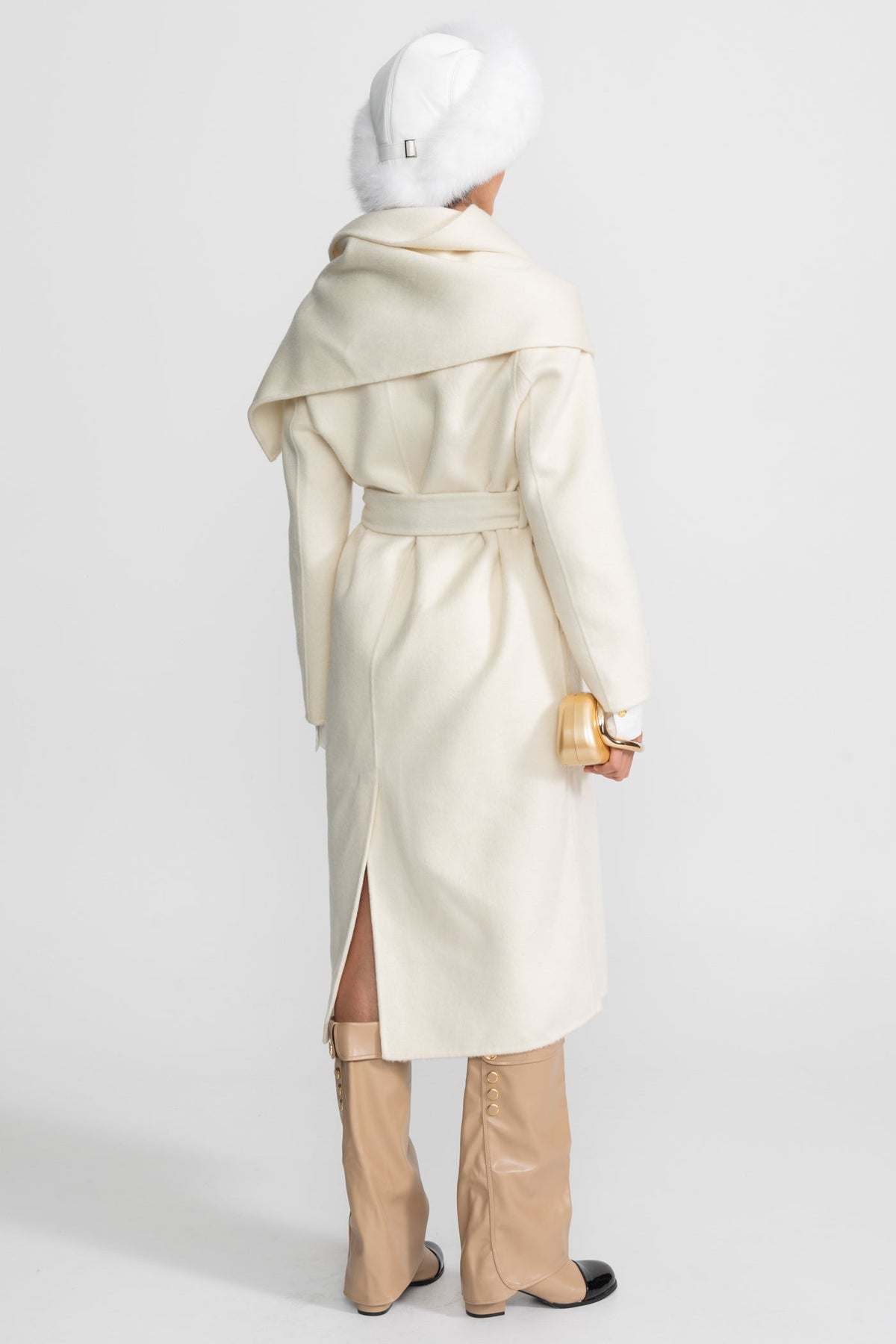 Double-Breasted Midi Coat with Oversized Scarf Collar – Beige – view 4