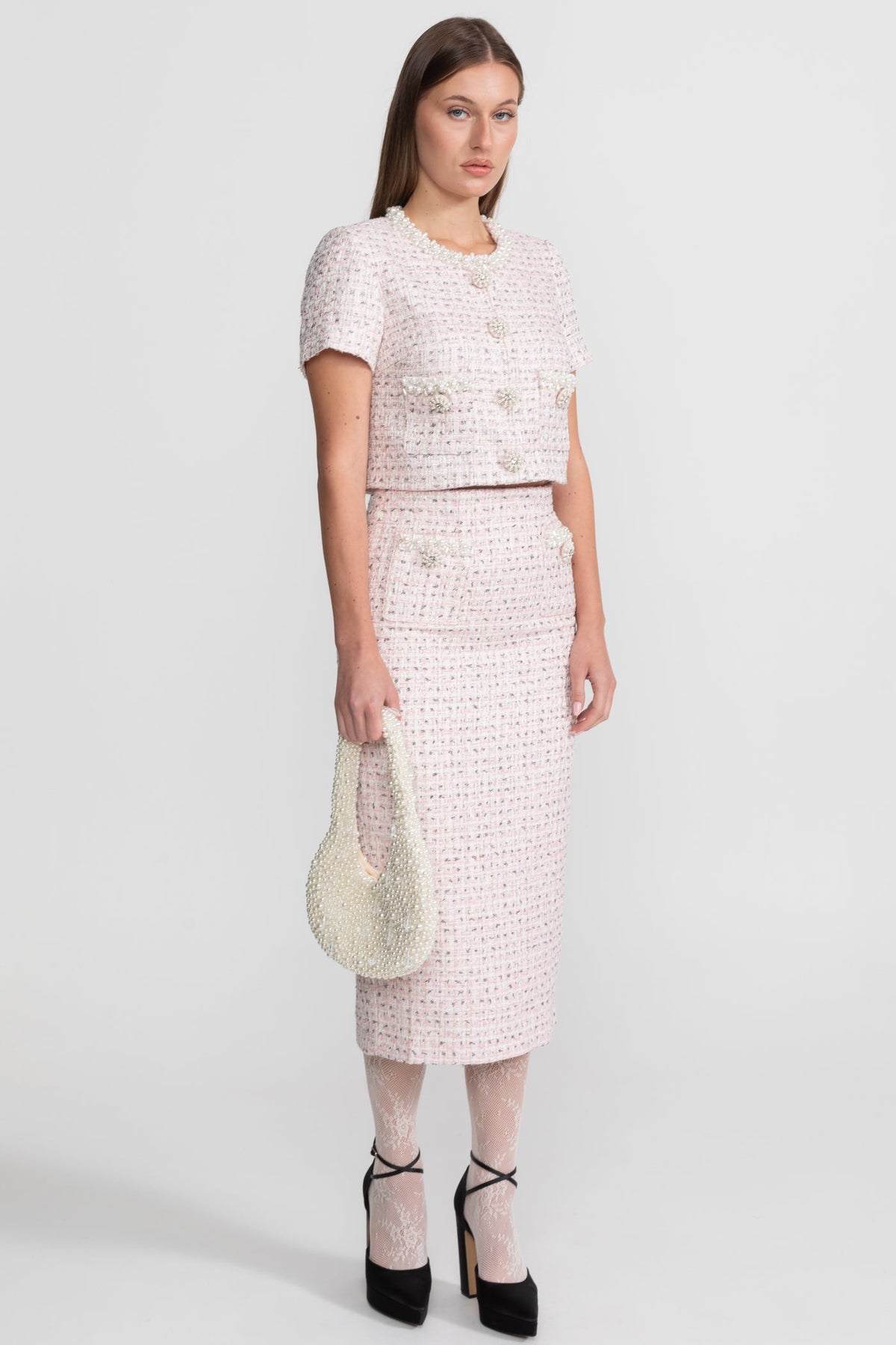Cropped Short Sleeve Jacket with Pearl Trim and Jewelled Buttons – Pink – view 2