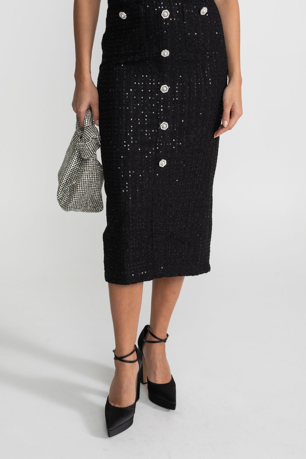 Sequin Short Sleeve Midi Dress with Crystal Buttons and Lace Trim – Black – view 5