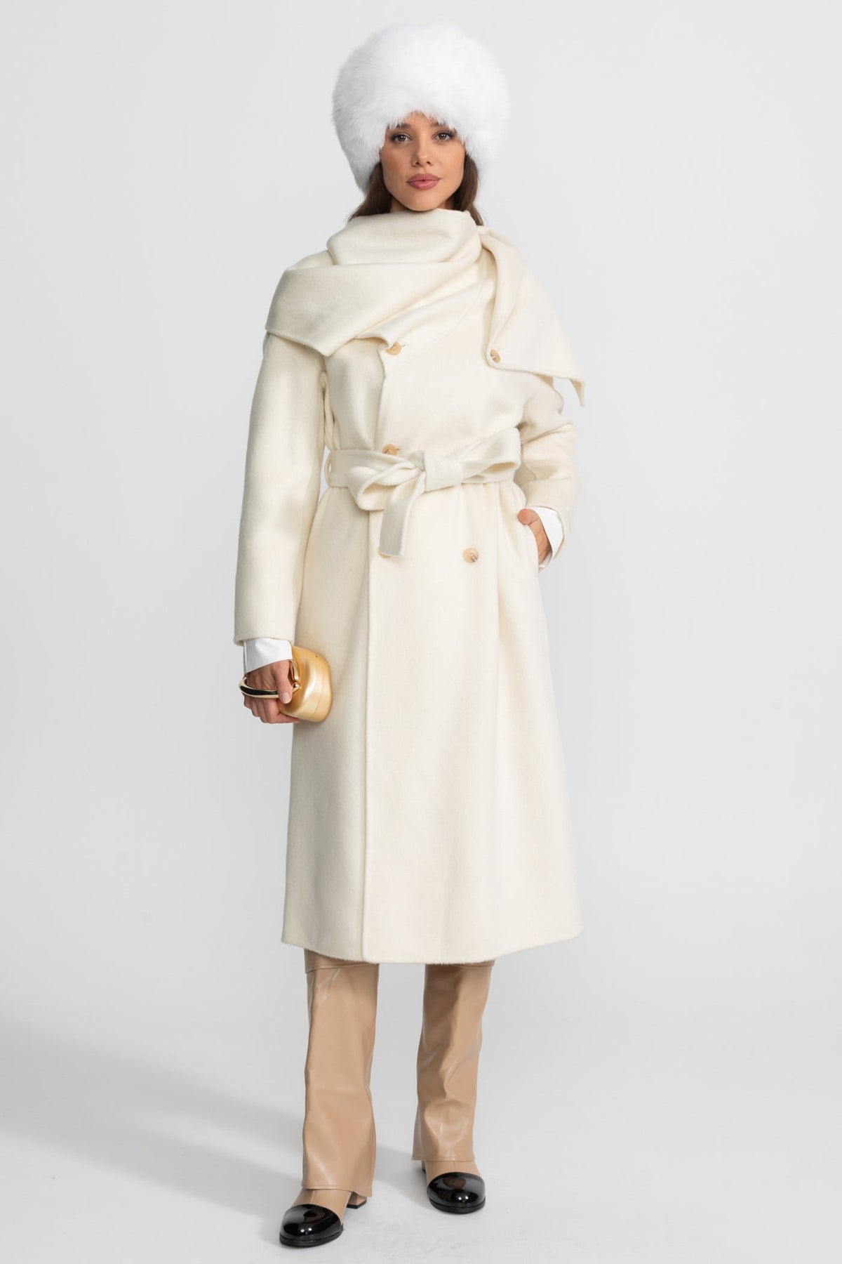 Double-Breasted Midi Coat with Oversized Scarf Collar – Beige