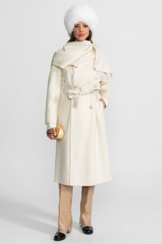Double-Breasted Midi Coat with Oversized Scarf Collar – Beige