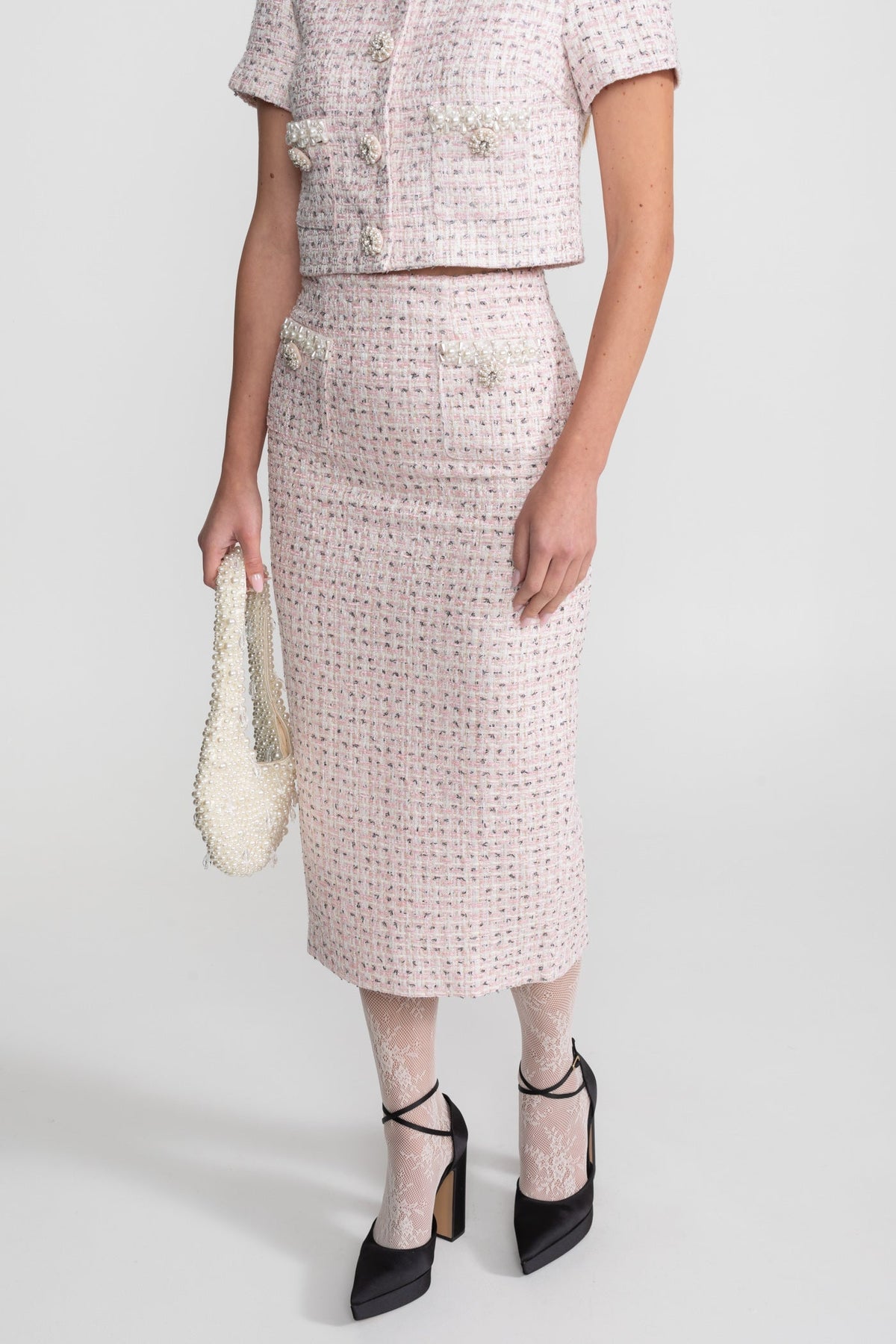 High Waisted Tweed Midi Skirt with Pearl Trim Buttons – Pink – view 3
