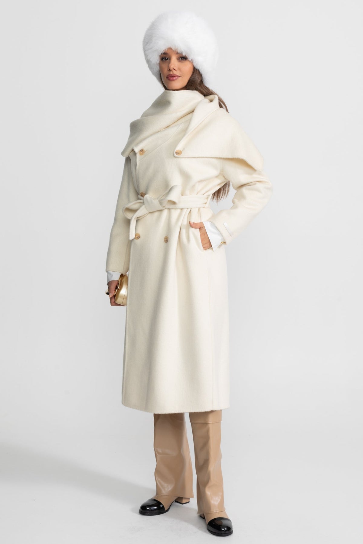 Double-Breasted Midi Coat with Oversized Scarf Collar – Beige – view 3
