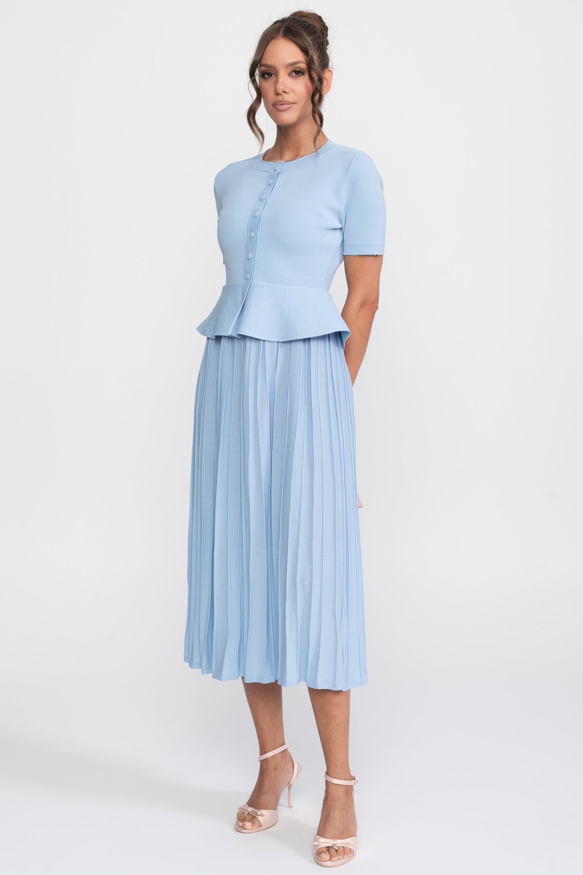 Short Sleeve Ribbed Knit Peplum Midi Dress with Button Front – Light Blue – view 3