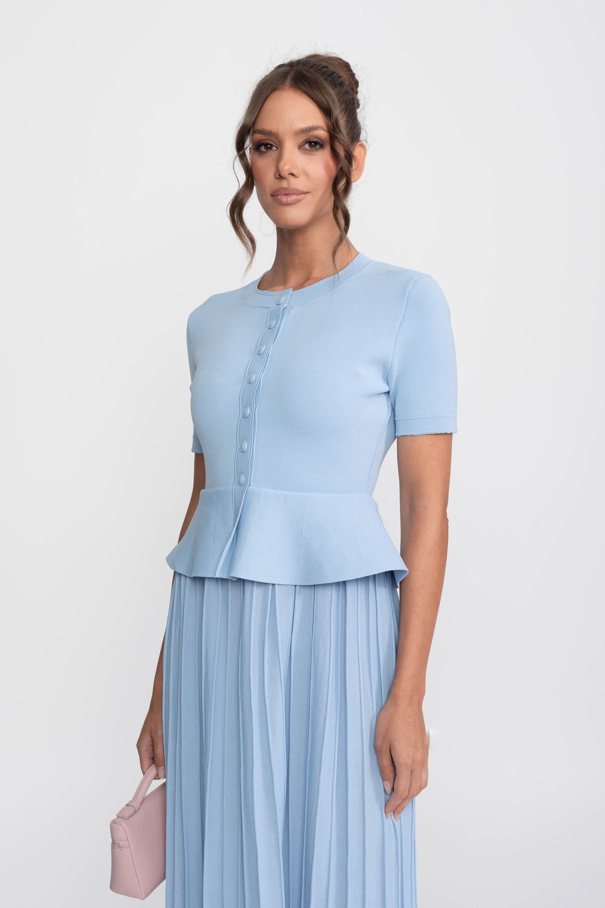 Short Sleeve Ribbed Knit Peplum Midi Dress with Button Front – Light Blue – view 4