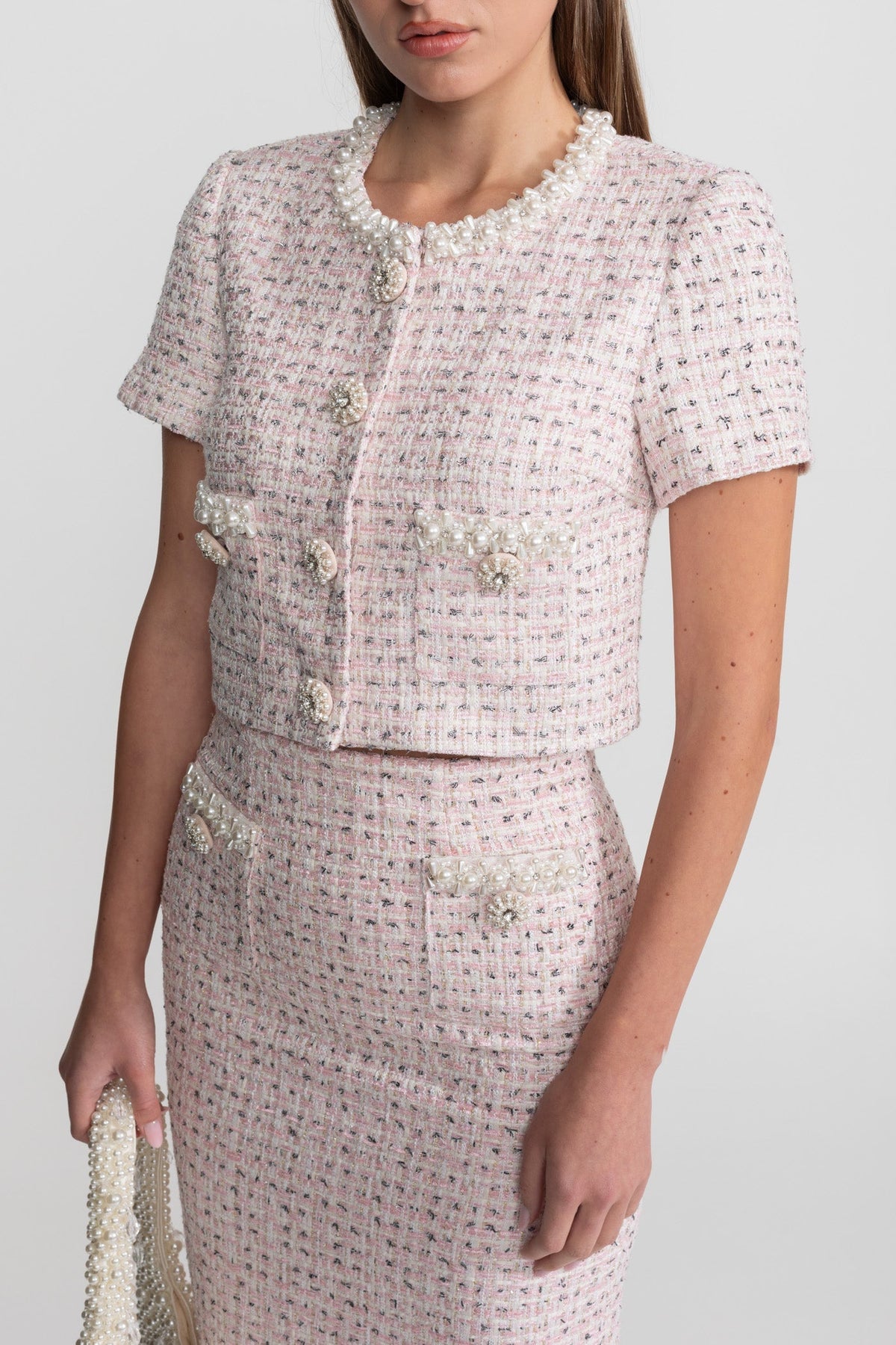Cropped Short Sleeve Jacket with Pearl Trim and Jewelled Buttons – Pink – view 7