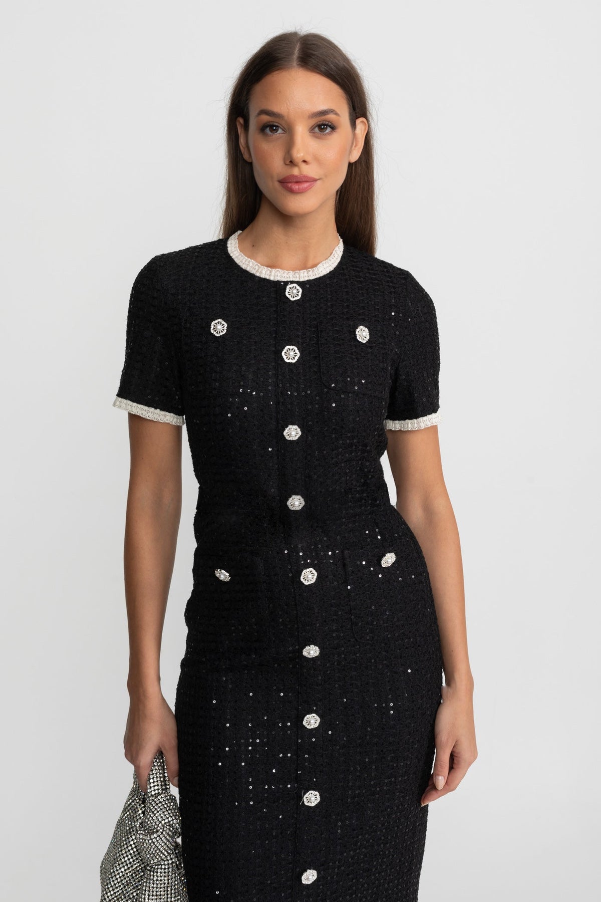 Sequin Short Sleeve Midi Dress with Crystal Buttons and Lace Trim – Black – view 3