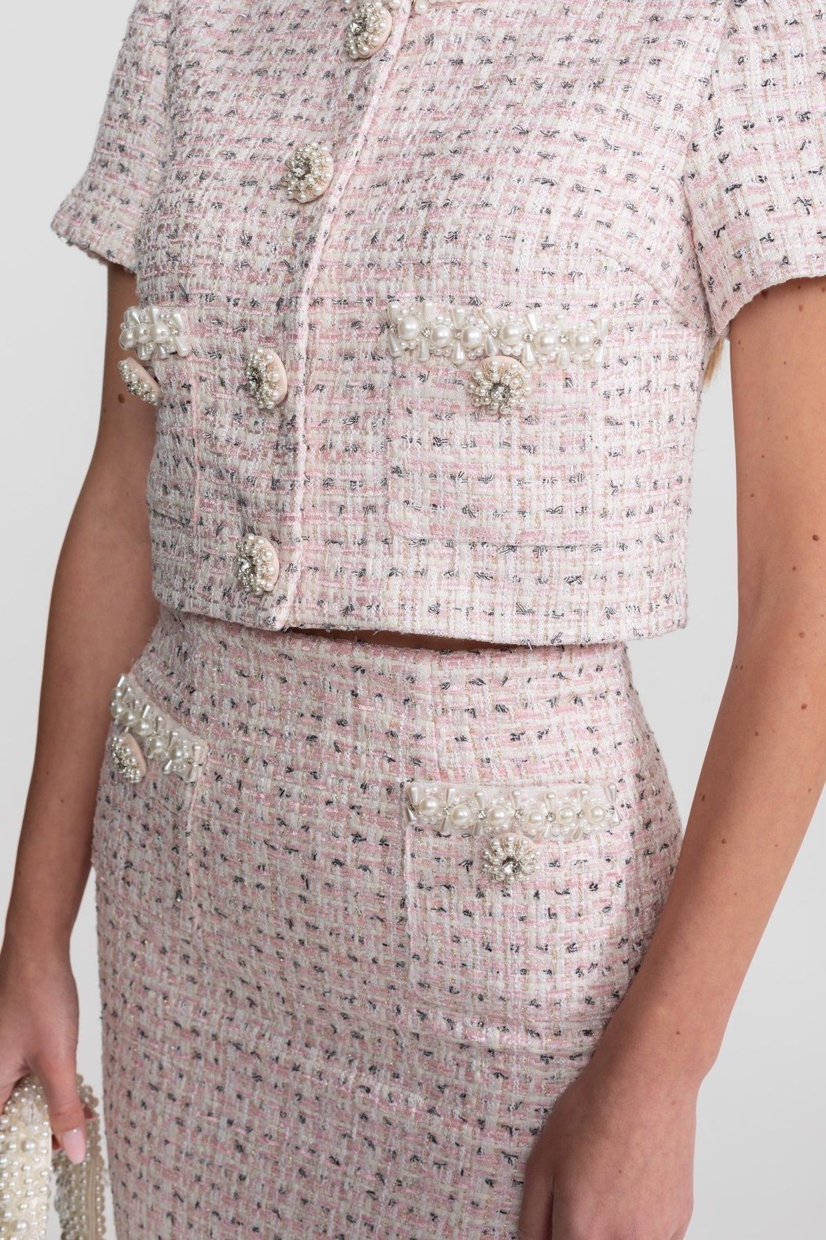 High Waisted Tweed Midi Skirt with Pearl Trim Buttons – Pink – view 5