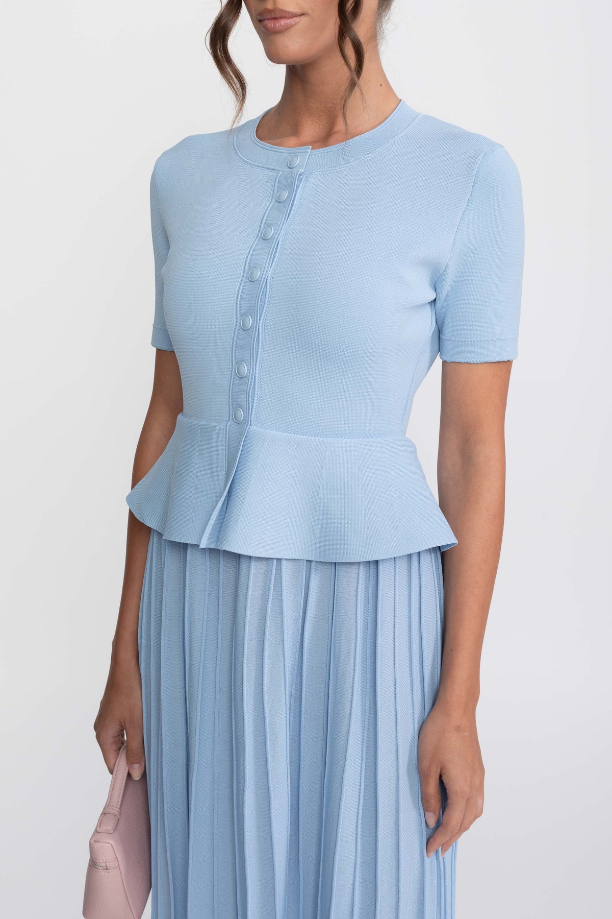 Short Sleeve Ribbed Knit Peplum Midi Dress with Button Front – Light Blue – view 7