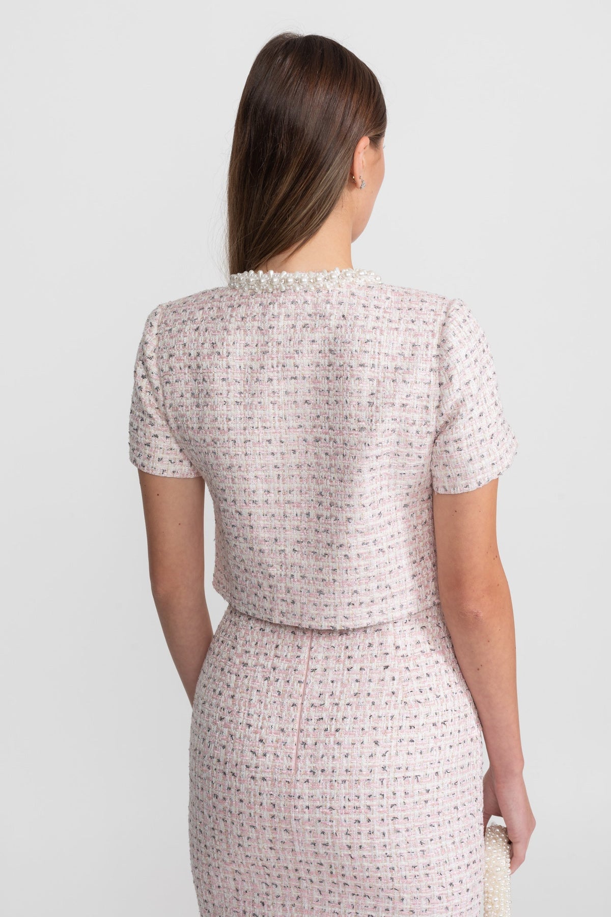 Cropped Short Sleeve Jacket with Pearl Trim and Jewelled Buttons – Pink – view 8