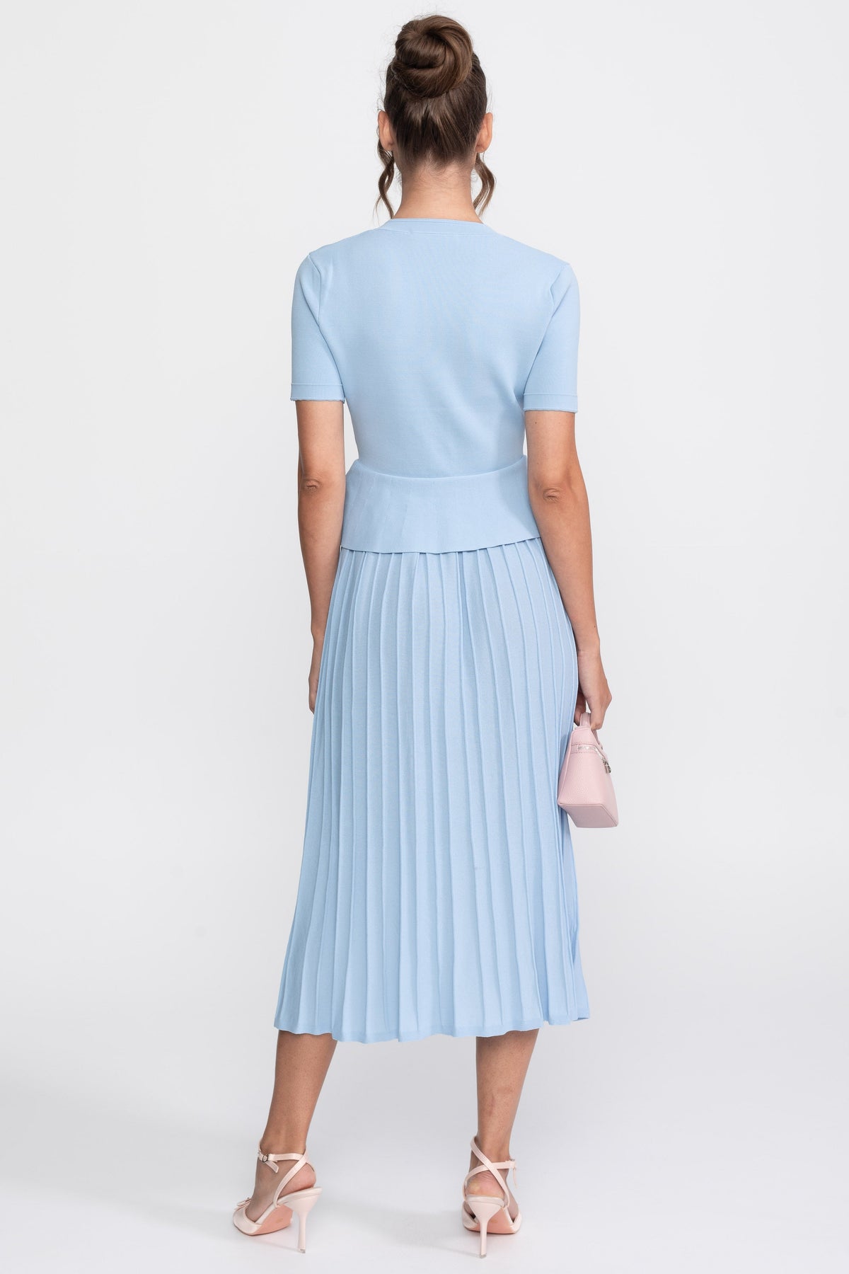 Short Sleeve Ribbed Knit Peplum Midi Dress with Button Front – Light Blue – view 8