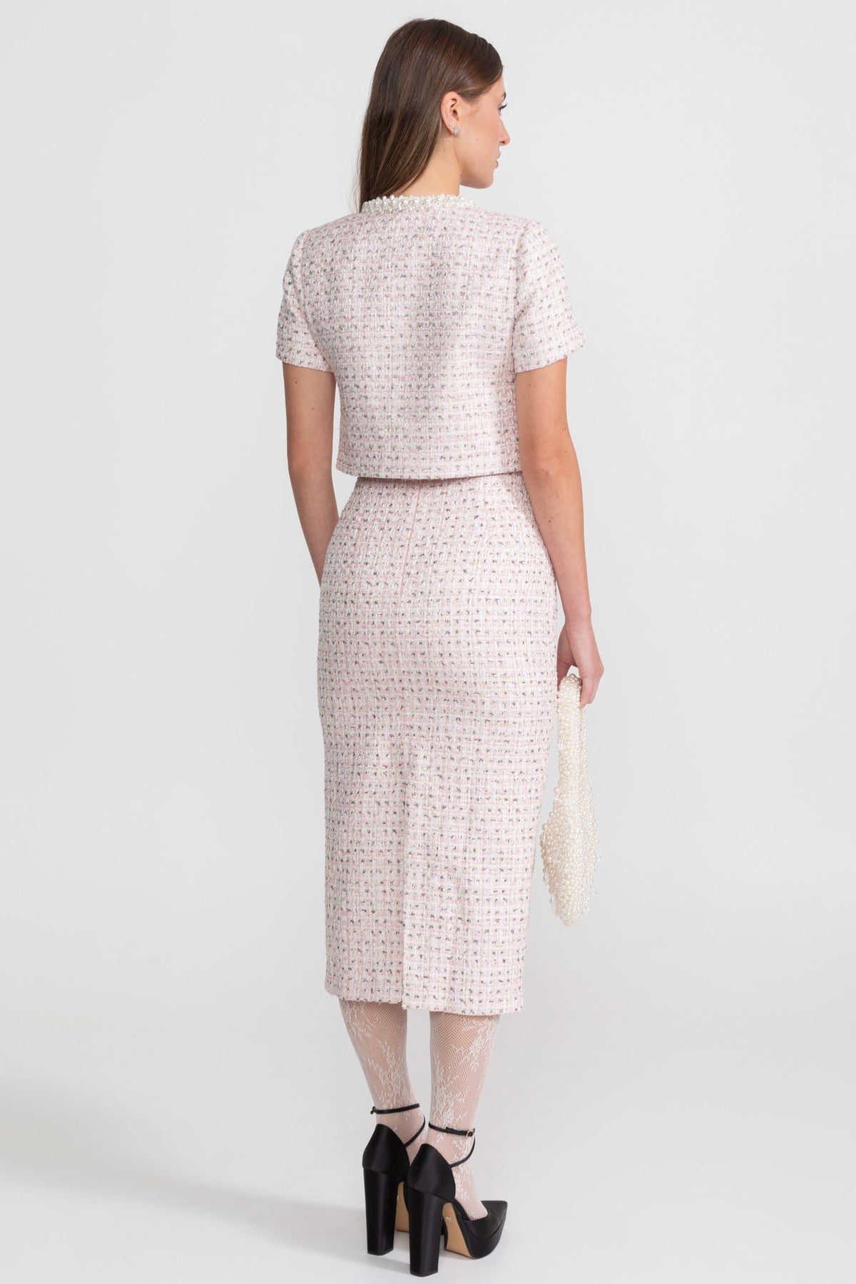 High Waisted Tweed Midi Skirt with Pearl Trim Buttons – Pink – view 6