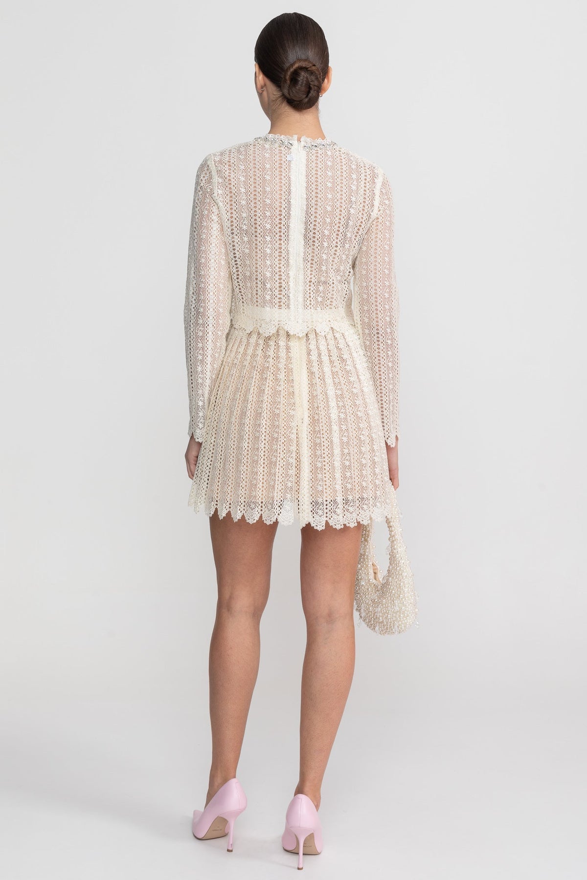 Lace High Neck Long Sleeve Mini Dress with Pleated Skirt – Ivory