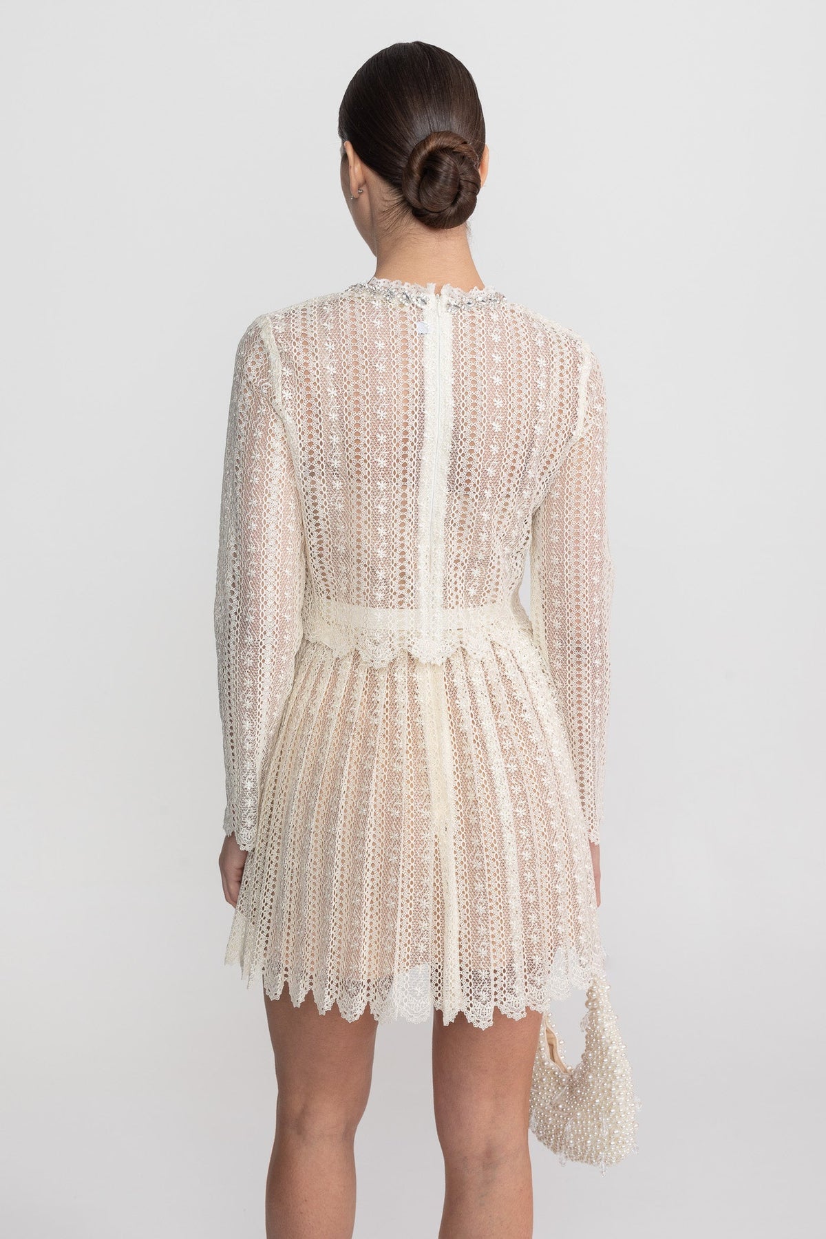 Lace High Neck Long Sleeve Mini Dress with Pleated Skirt – Ivory
