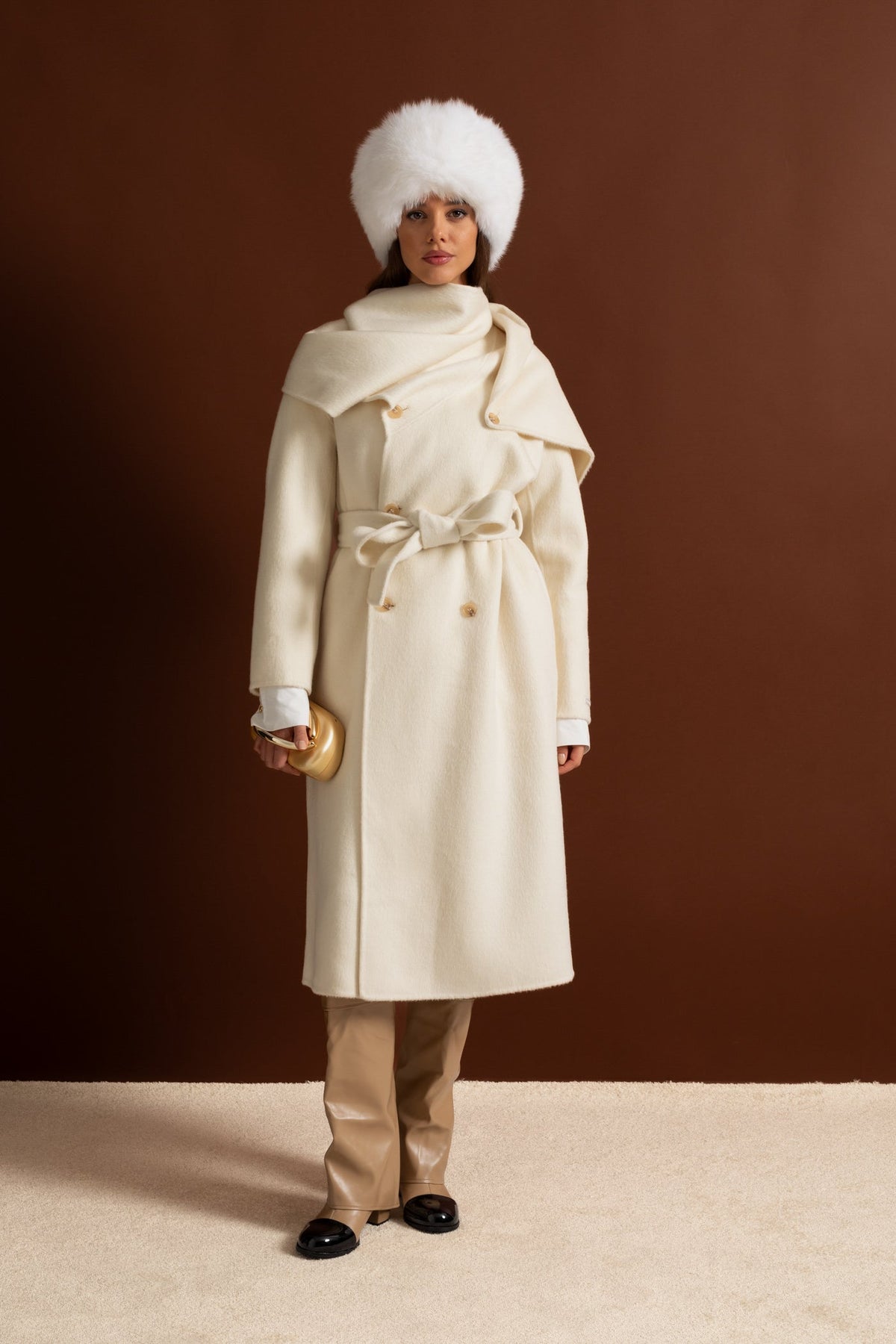 Double-Breasted Midi Coat with Oversized Scarf Collar – Beige – view 5