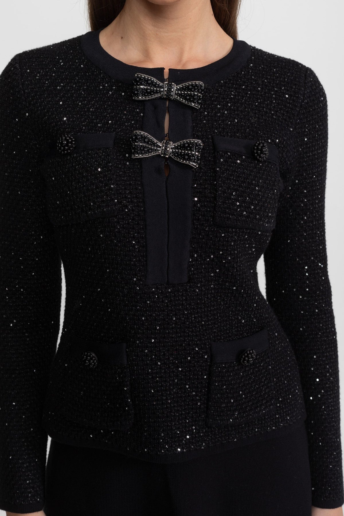 Embellished Tweed Cropped Jacket and A-Line Midi Skirt Set with Bows – Black – view 3