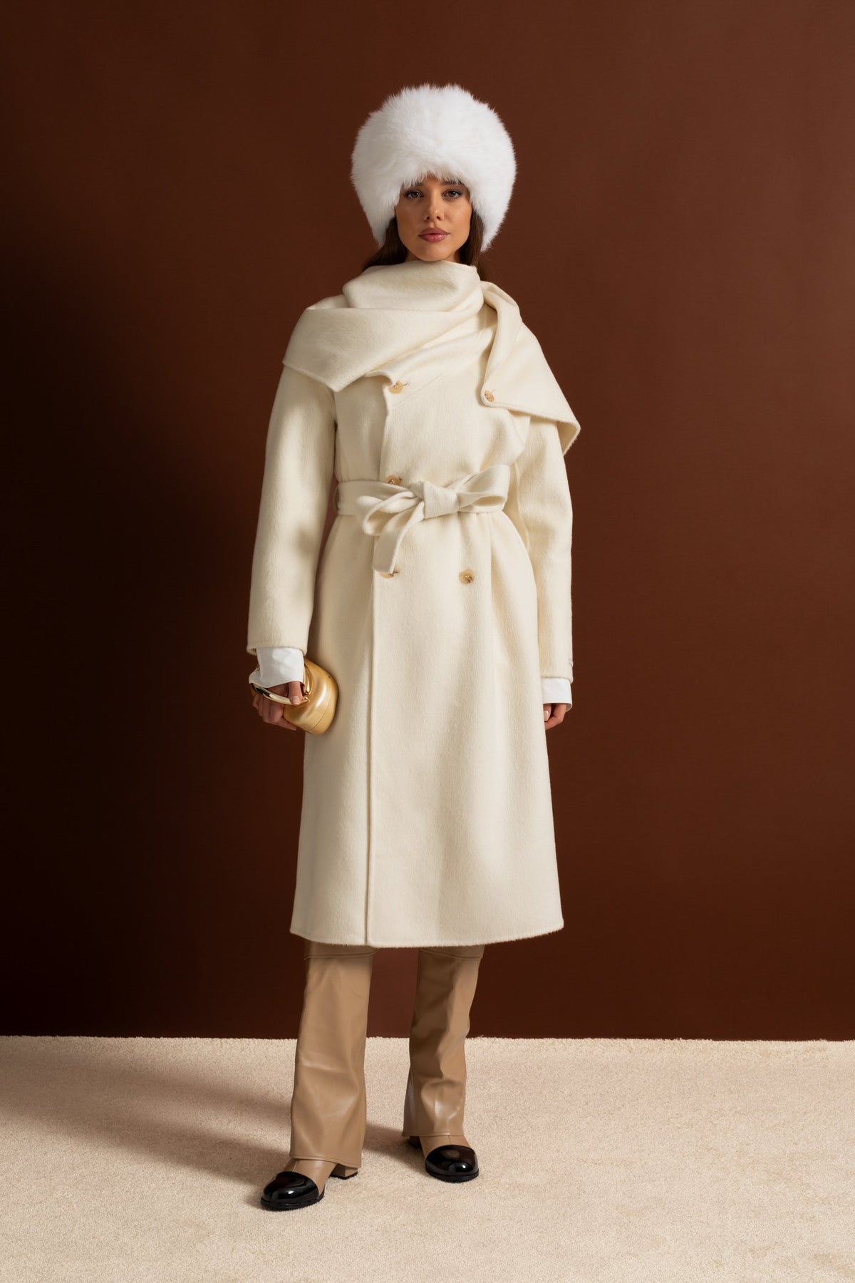 Double-Breasted Midi Coat with Oversized Scarf Collar – Beige – view 2