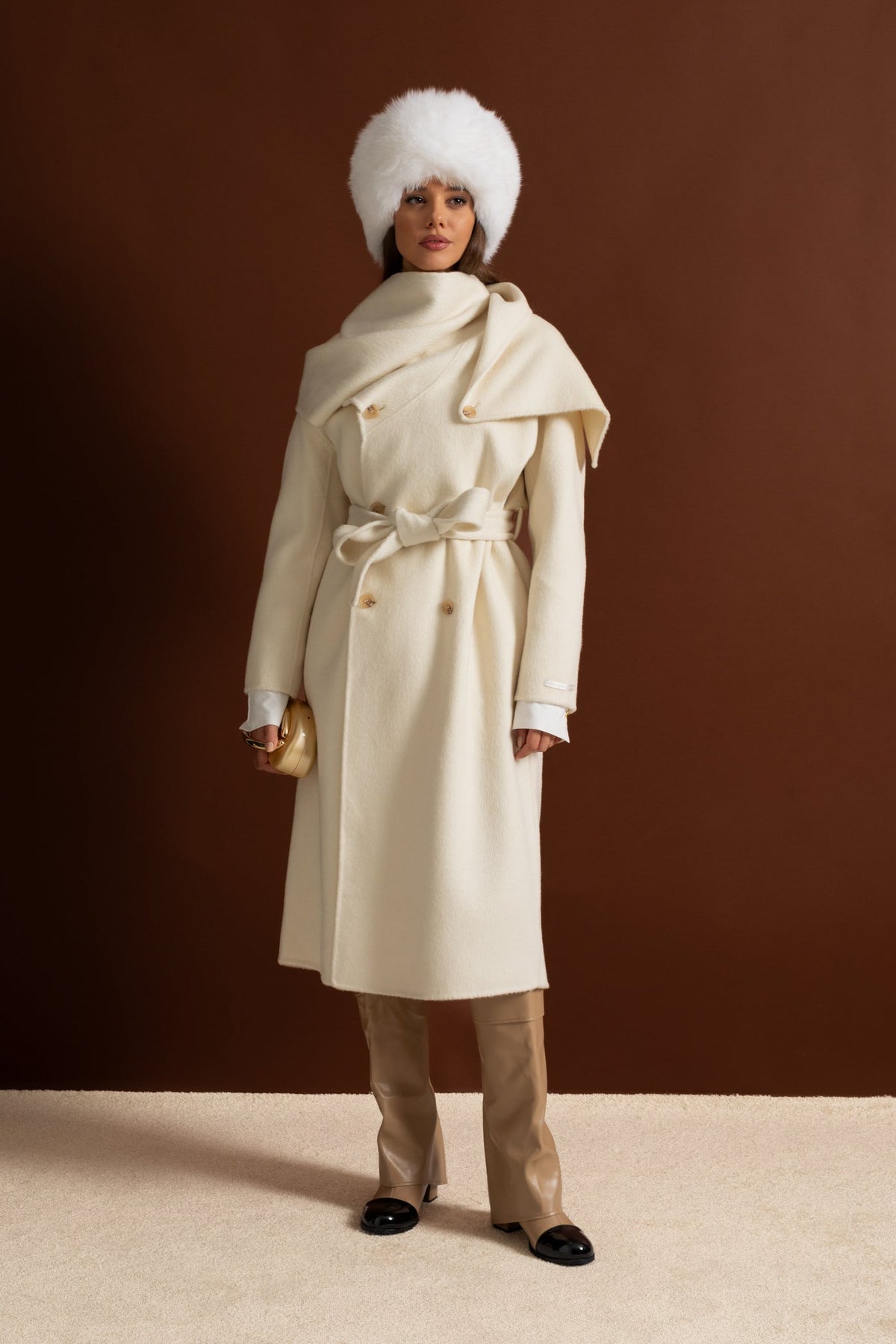 Double-Breasted Midi Coat with Oversized Scarf Collar – Beige – view 6