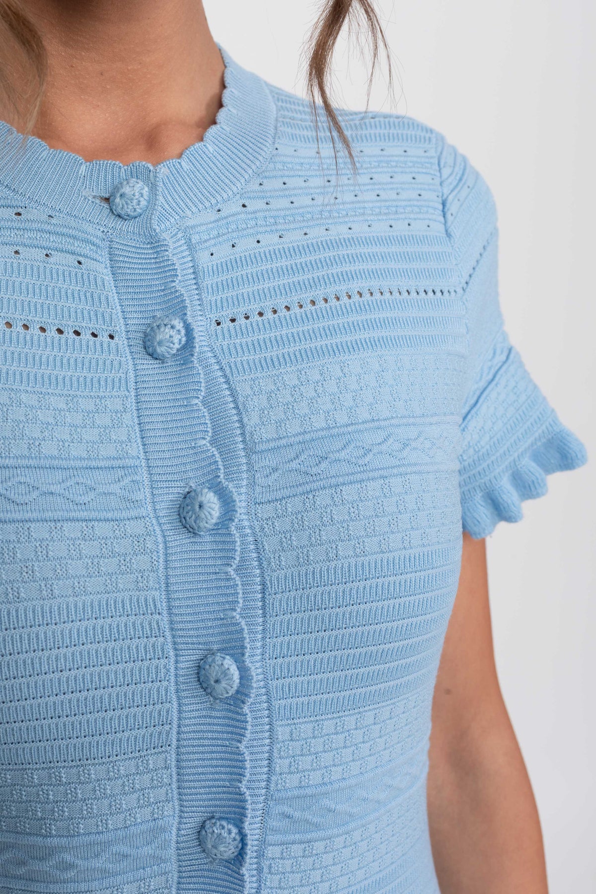 Textured Knit Button Front Midi Dress with Ruffle Hem – Sky Blue – view 7