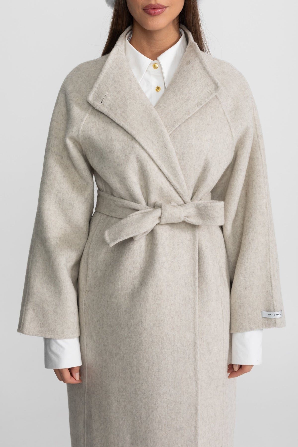 Belted Wool Blend Midi Coat with High Neckline – Beige – view 3