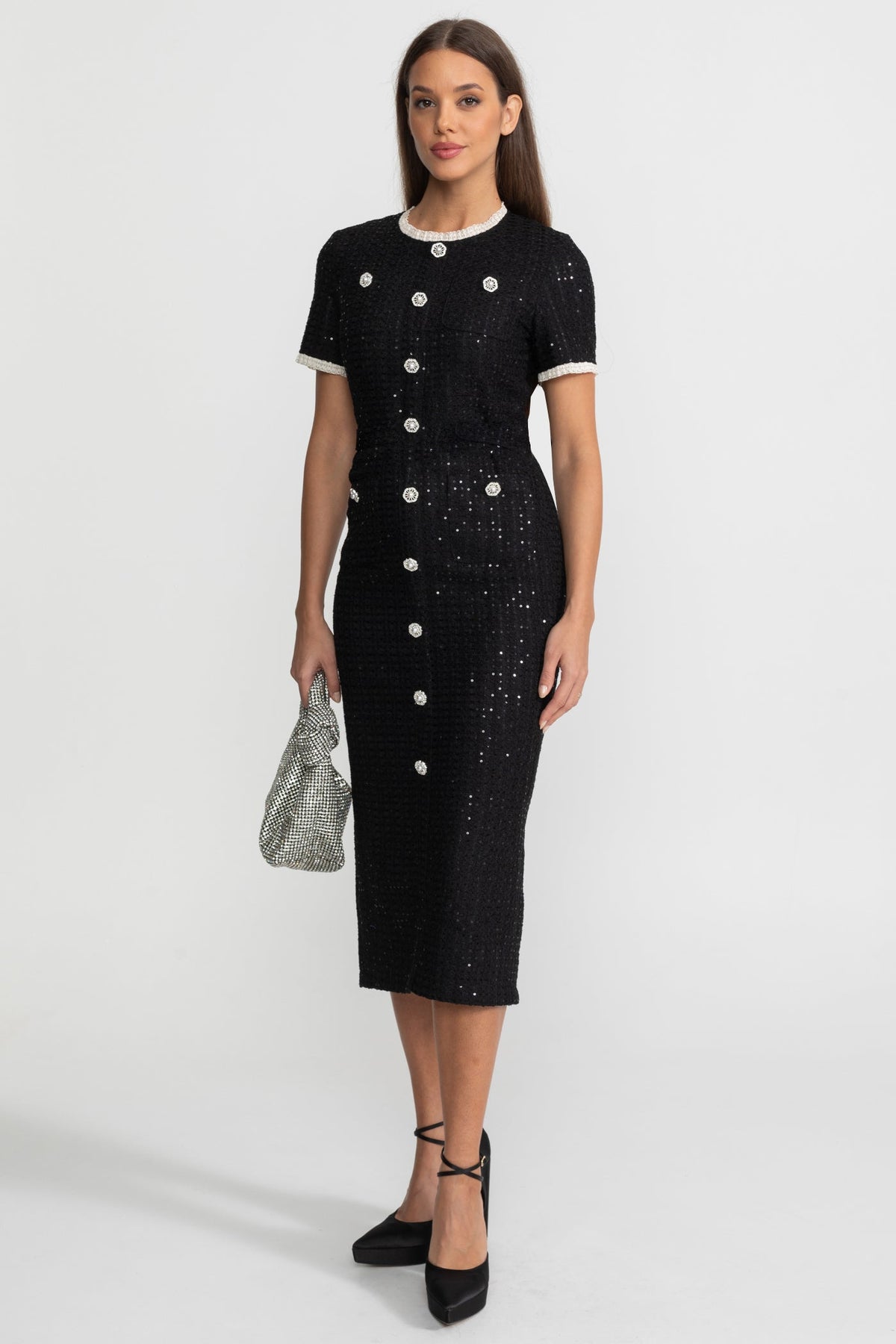 Sequin Short Sleeve Midi Dress with Crystal Buttons and Lace Trim – Black – view 4