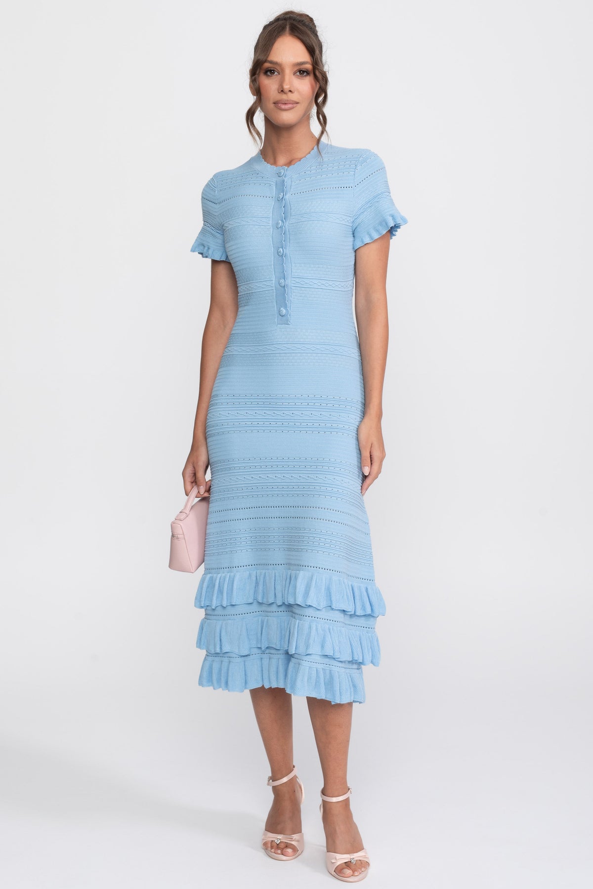 Textured Knit Button Front Midi Dress with Ruffle Hem – Sky Blue – view 4