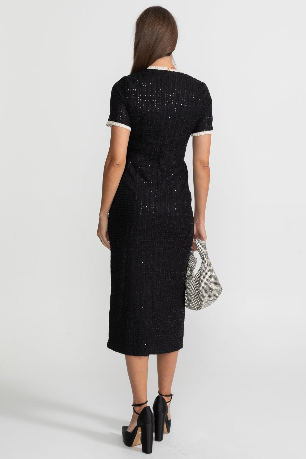 Sequin Short Sleeve Midi Dress with Crystal Buttons and Lace Trim – Black – view 6