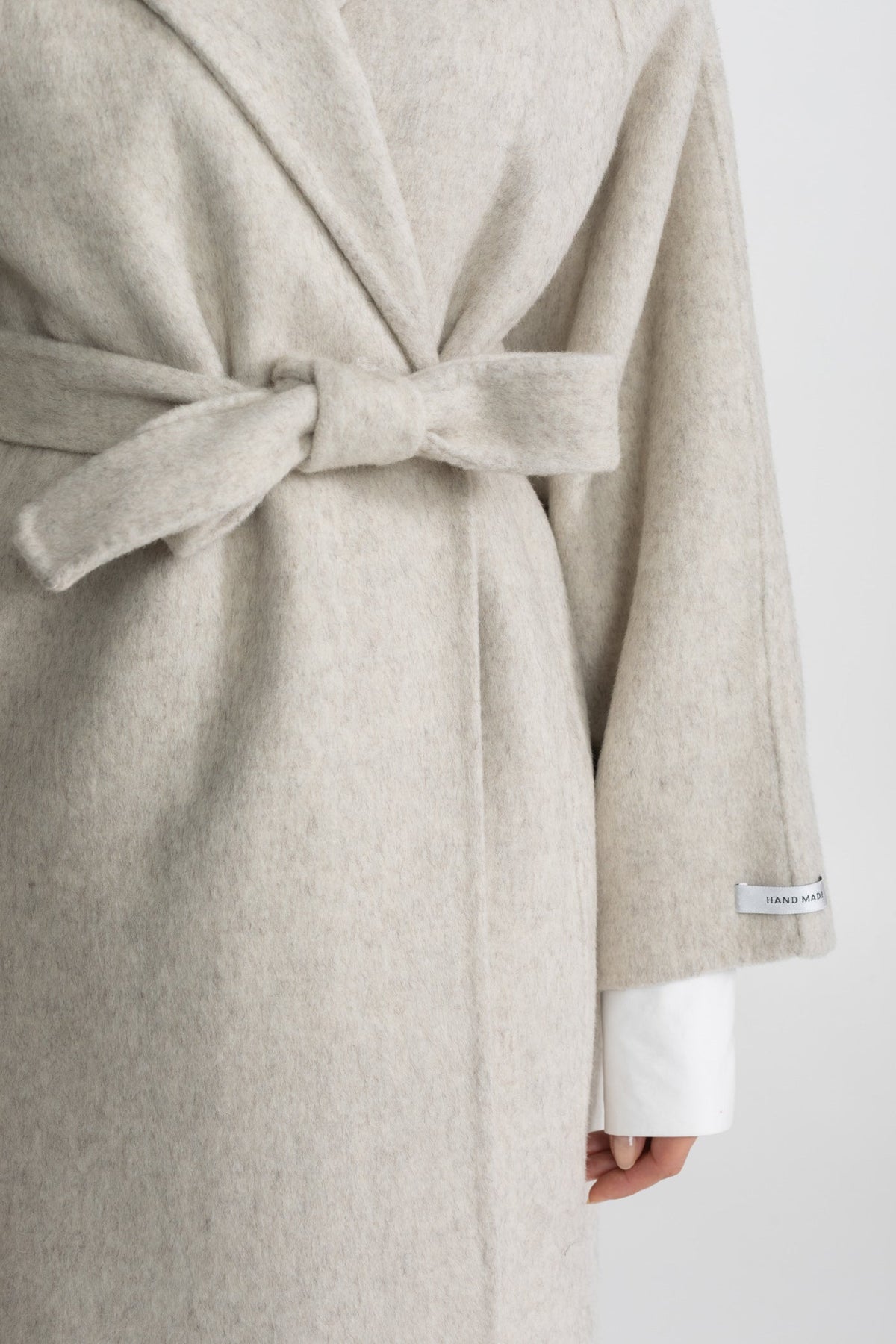 Belted Wool Blend Midi Coat with High Neckline – Beige – view 4