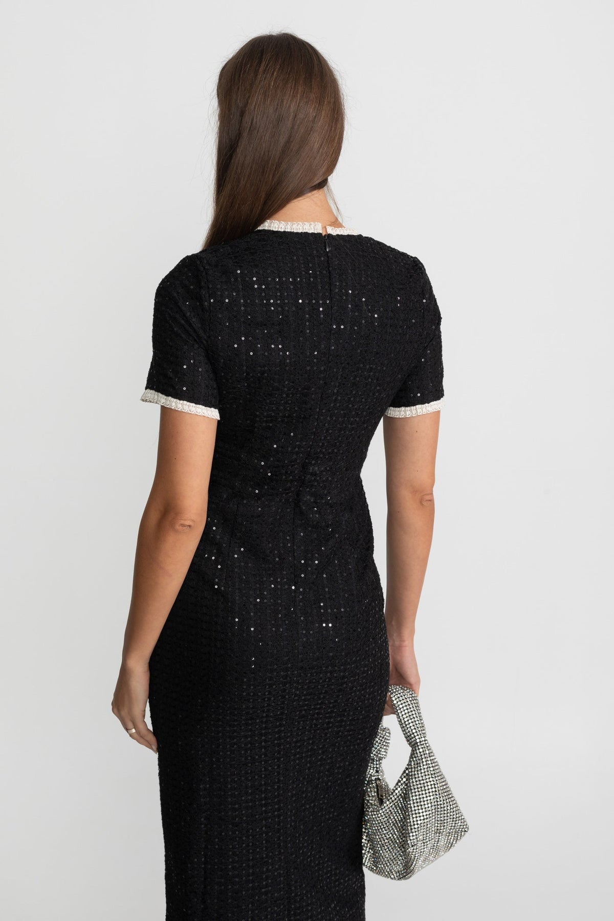 Sequin Short Sleeve Midi Dress with Crystal Buttons and Lace Trim – Black – view 7