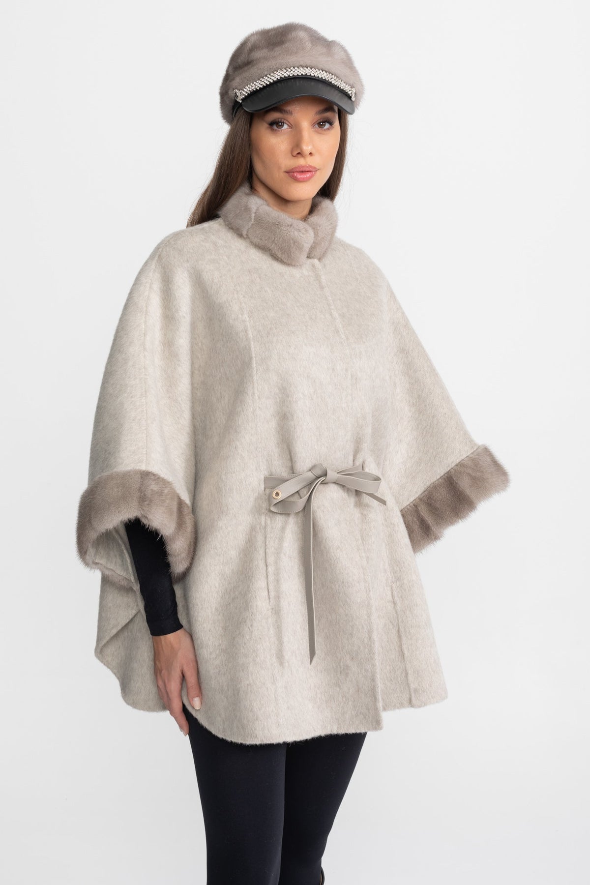 Wool Blend Cape Coat with Collar Trim and Tie Belt – Light Grey – view 6