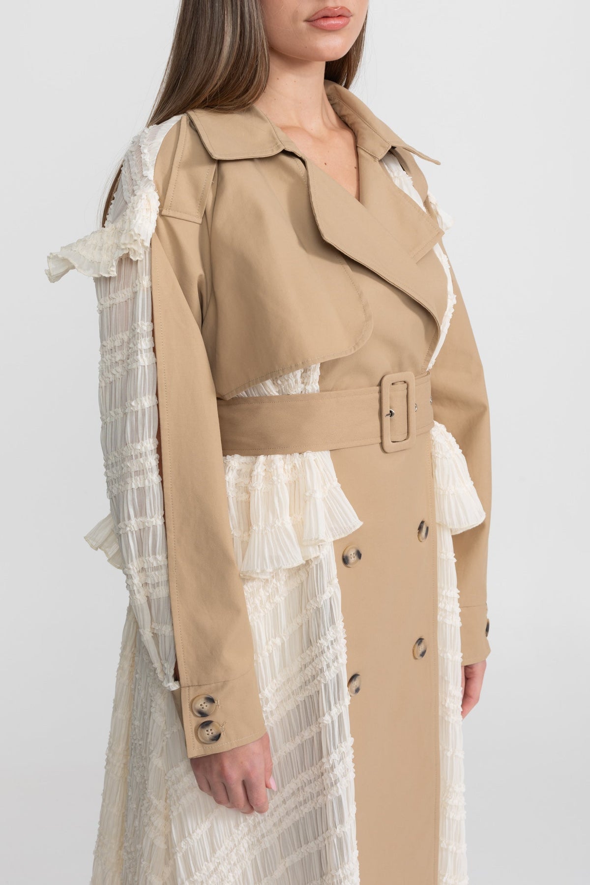 Longline Double-Breasted Lace Panel Trench Coat with Belt – Beige – view 5