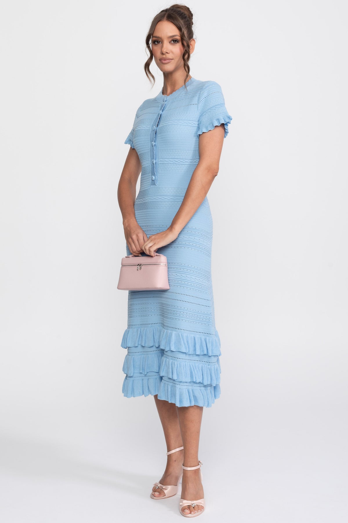 Textured Knit Button Front Midi Dress with Ruffle Hem – Sky Blue – view 3