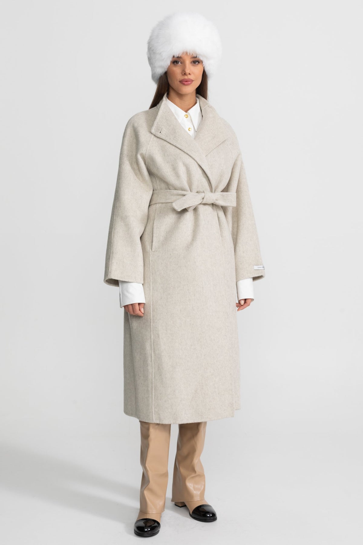 Belted Wool Blend Midi Coat with High Neckline – Beige