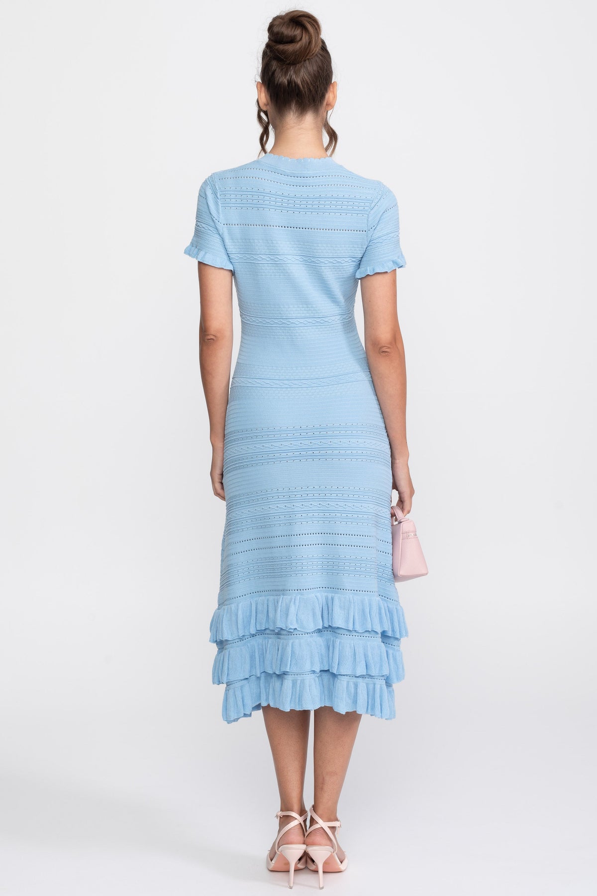 Textured Knit Button Front Midi Dress with Ruffle Hem – Sky Blue – view 8