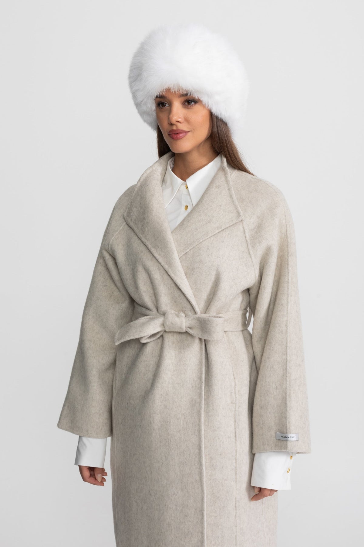 Belted Wool Blend Midi Coat with High Neckline – Beige – view 6