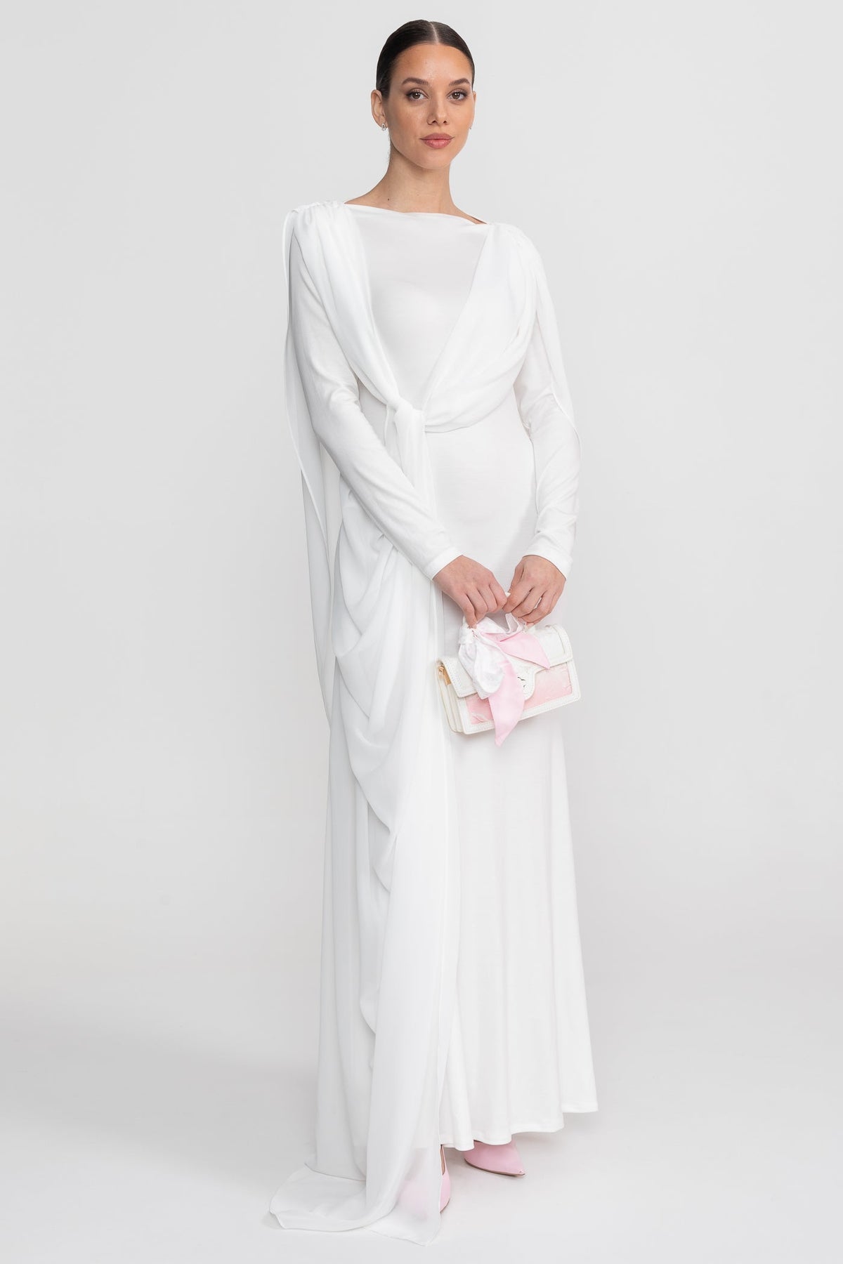 Bateau Neck Long Sleeve Jersey Maxi Dress with Cape Overlay – White – view 5