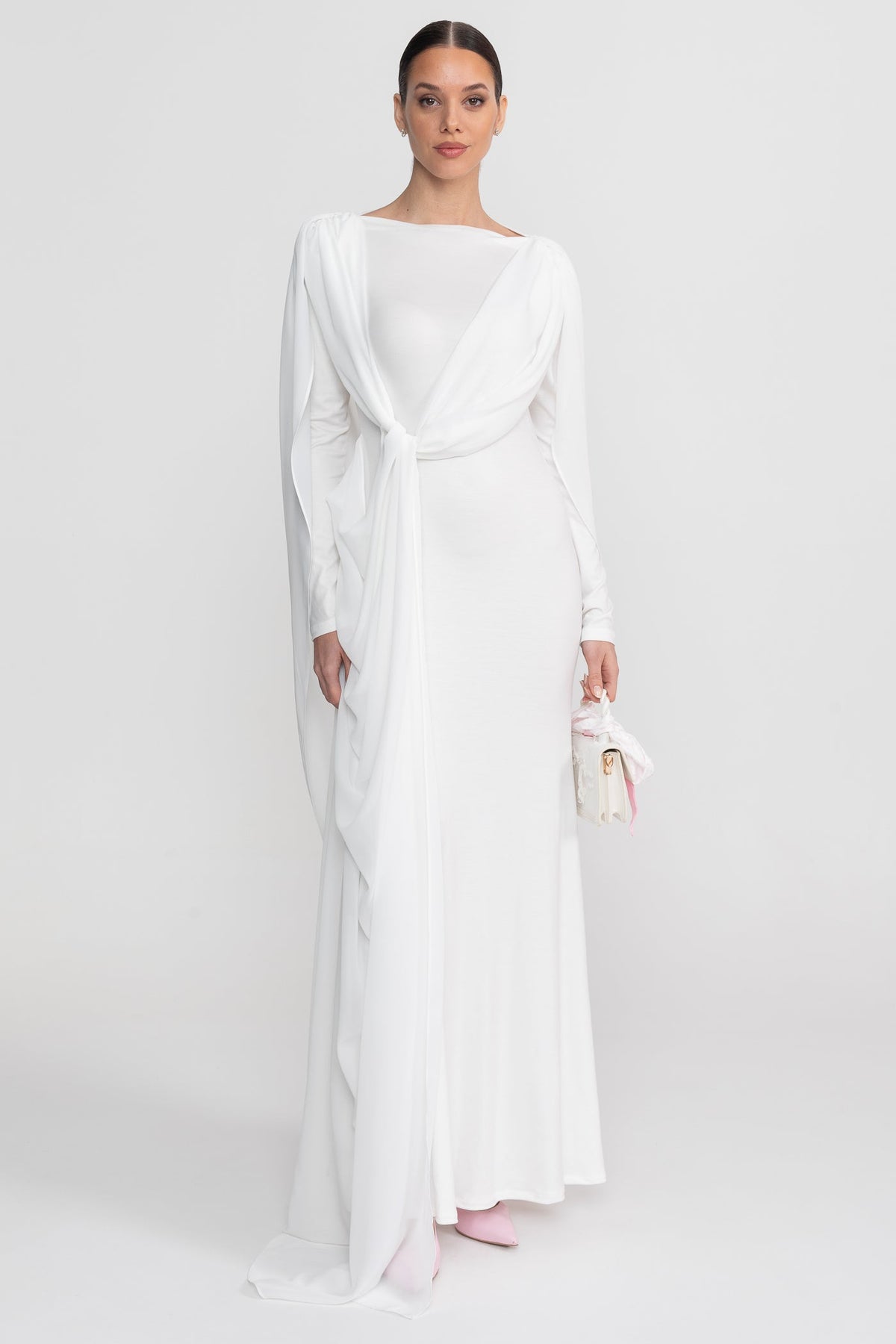 Bateau Neck Long Sleeve Jersey Maxi Dress with Cape Overlay – White – view 7