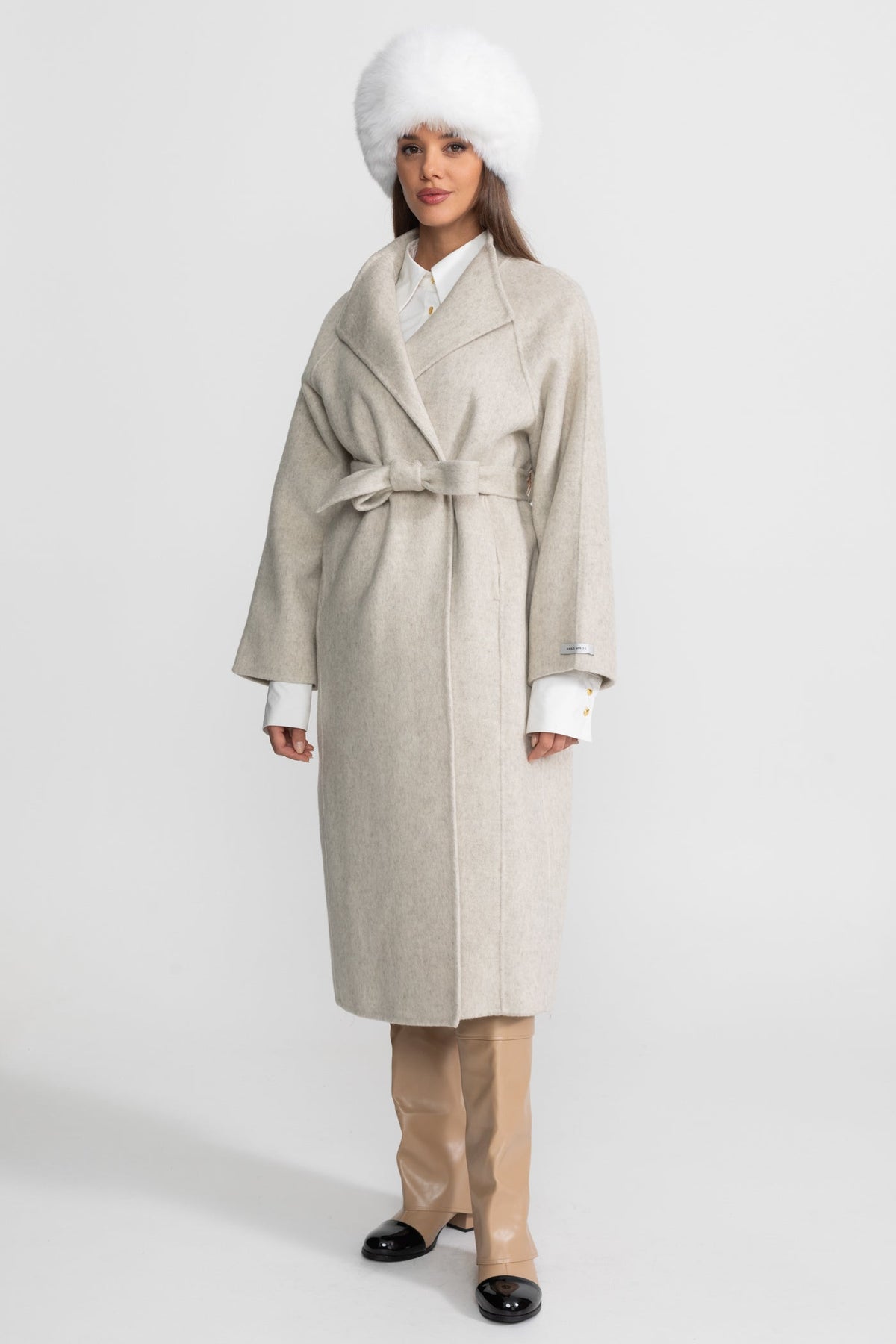 Belted Wool Blend Midi Coat with High Neckline – Beige