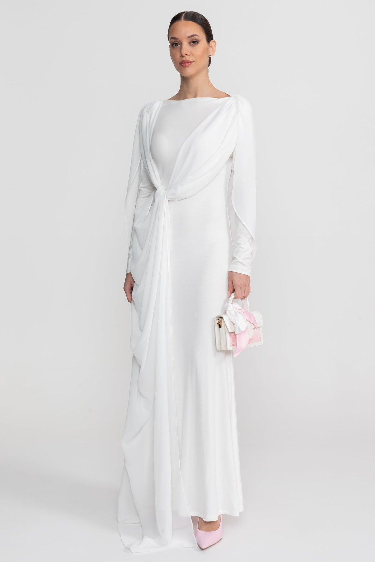 Bateau Neck Long Sleeve Jersey Maxi Dress with Cape Overlay – White – view 8