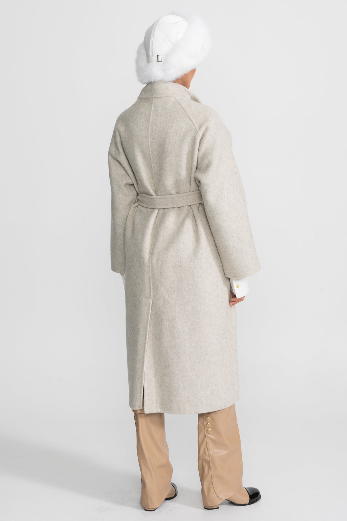 Belted Wool Blend Midi Coat with High Neckline – Beige